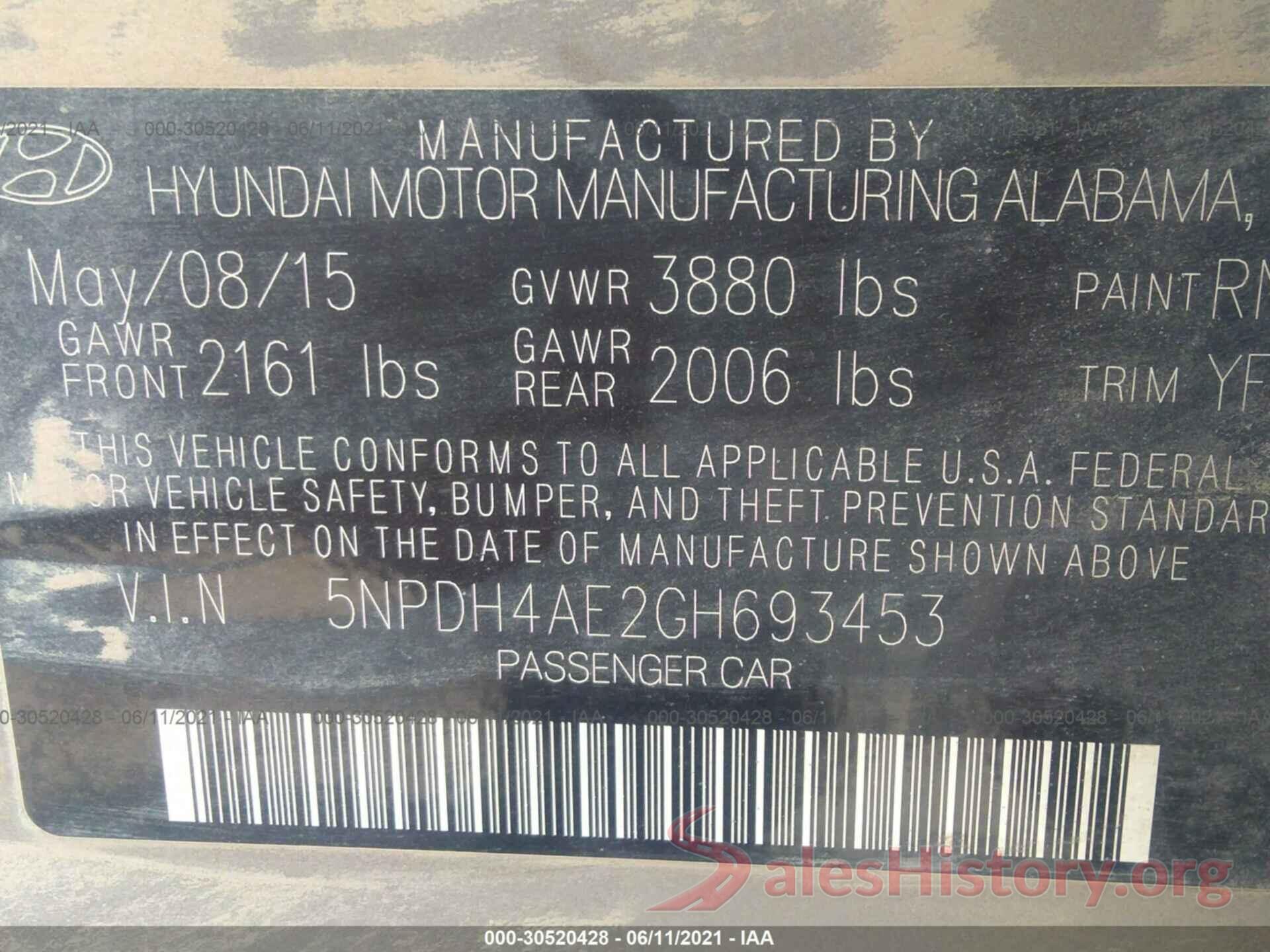 5NPDH4AE2GH693453 2016 HYUNDAI ELANTRA