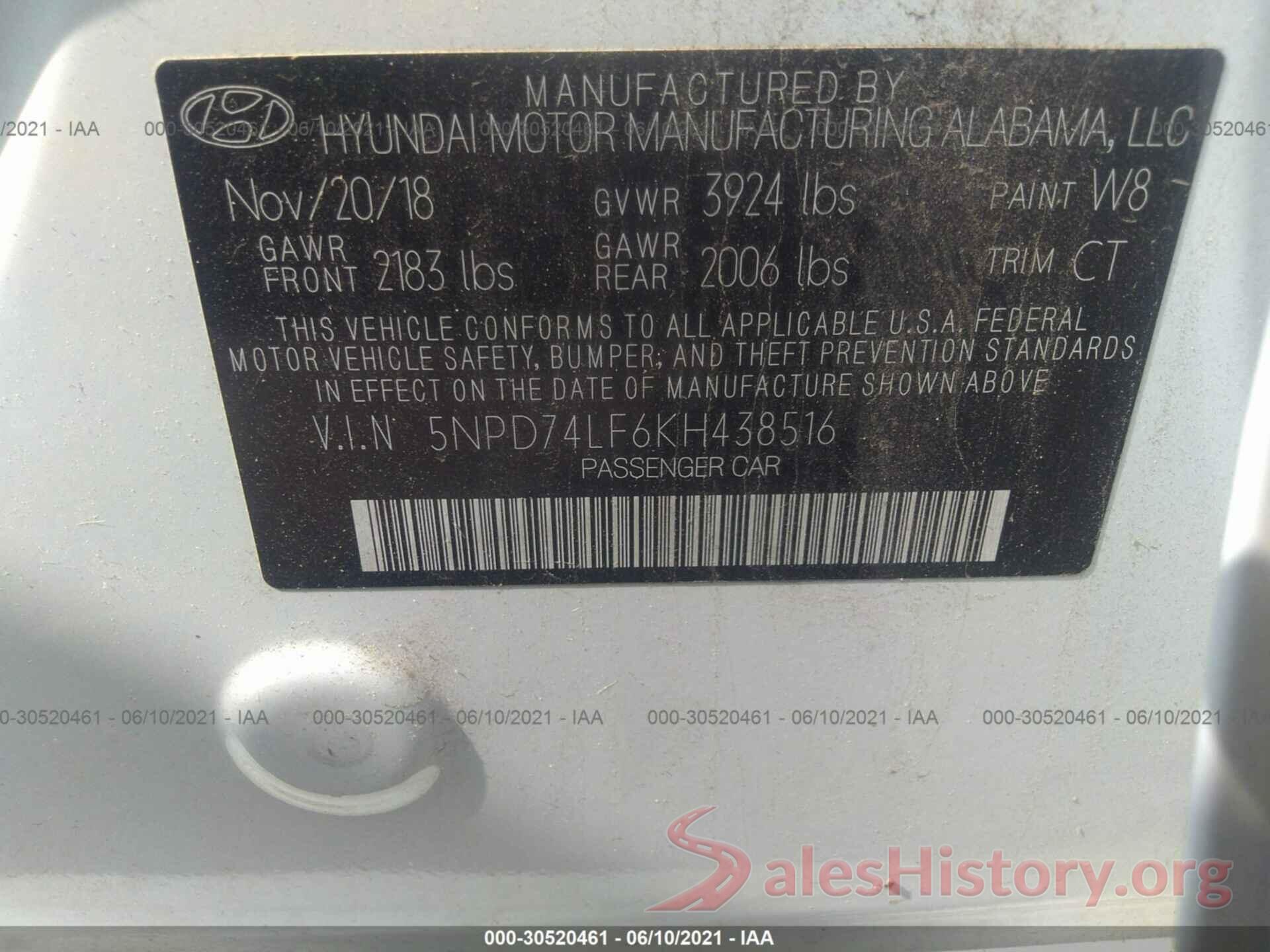 5NPD74LF6KH438516 2019 HYUNDAI ELANTRA