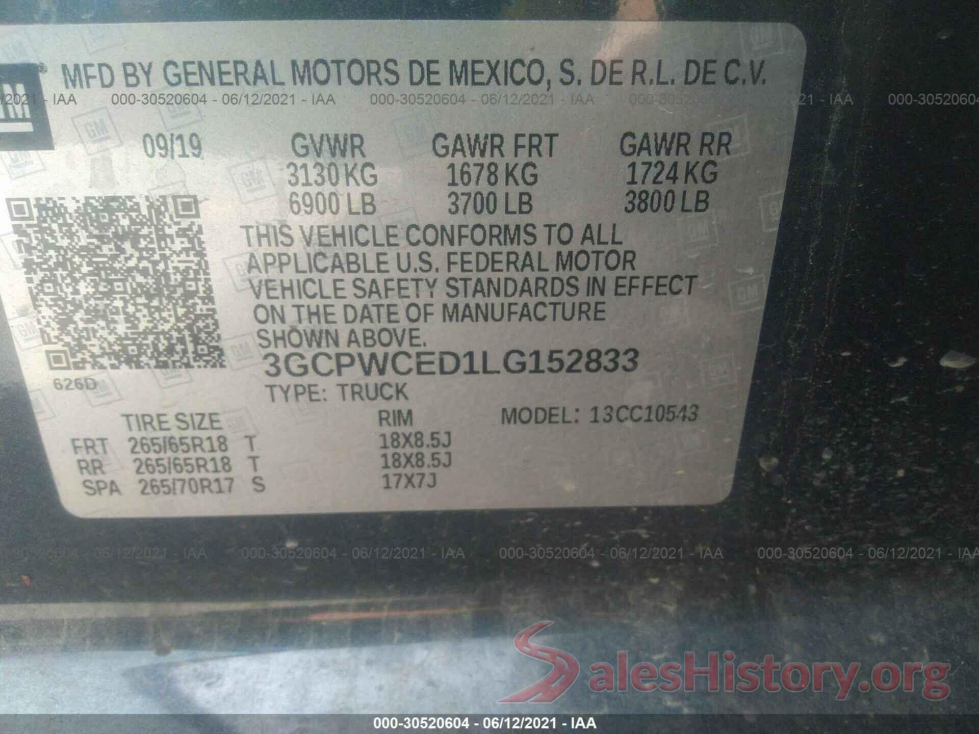 3GCPWCED1LG152833 2020 CHEVROLET SILVERADO 1500