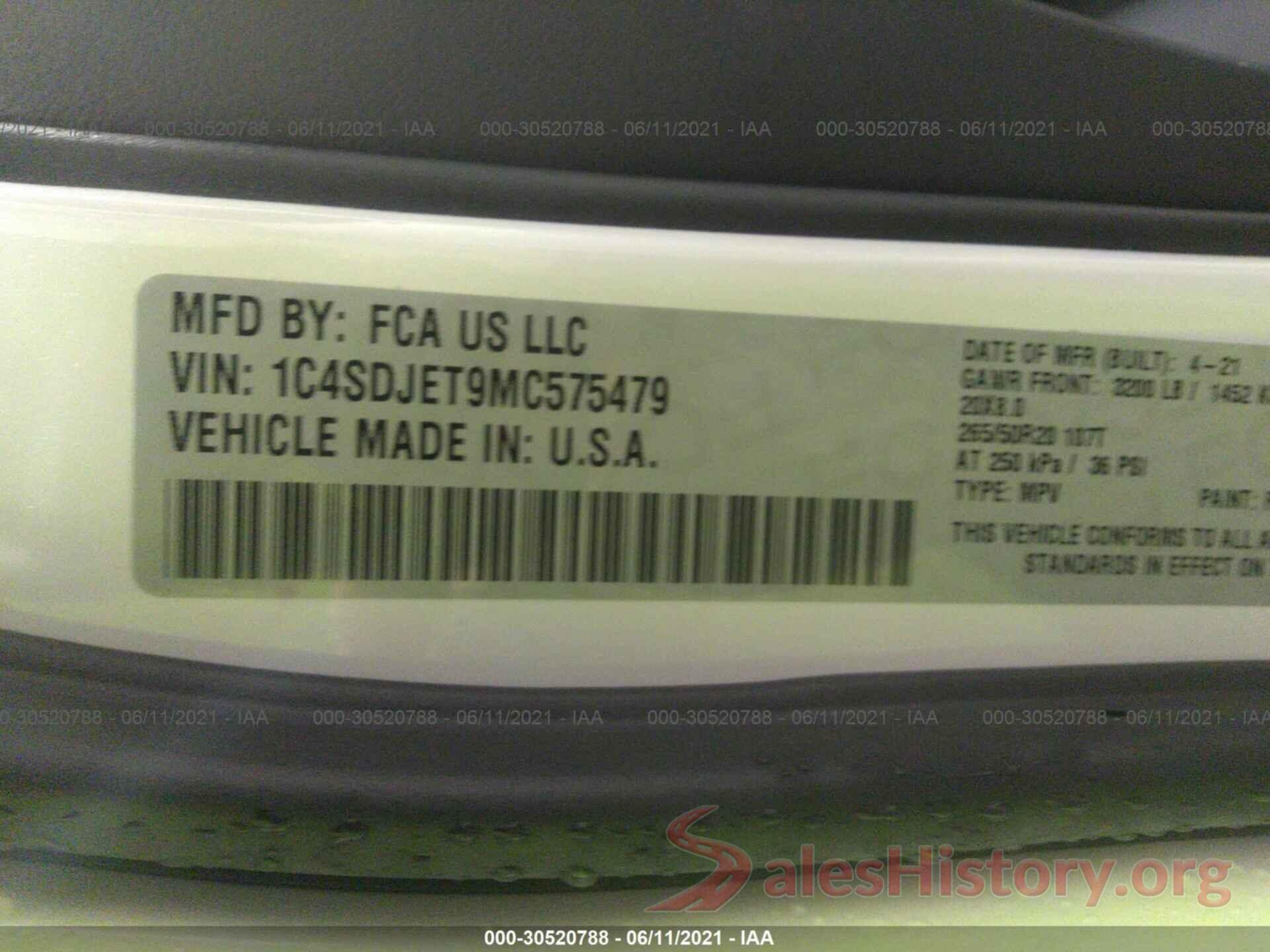 1C4SDJET9MC575479 2021 DODGE DURANGO