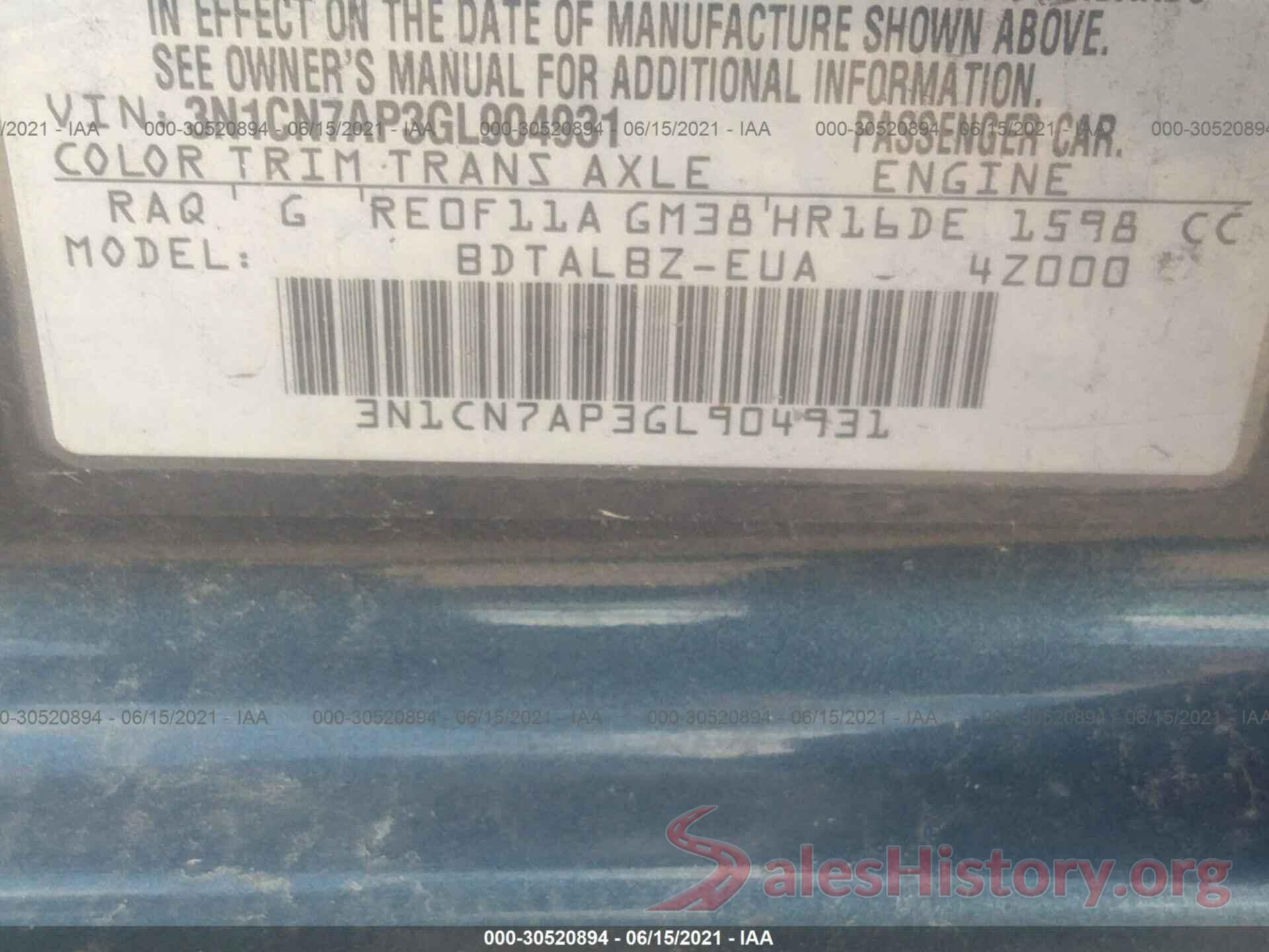 3N1CN7AP3GL904931 2016 NISSAN VERSA