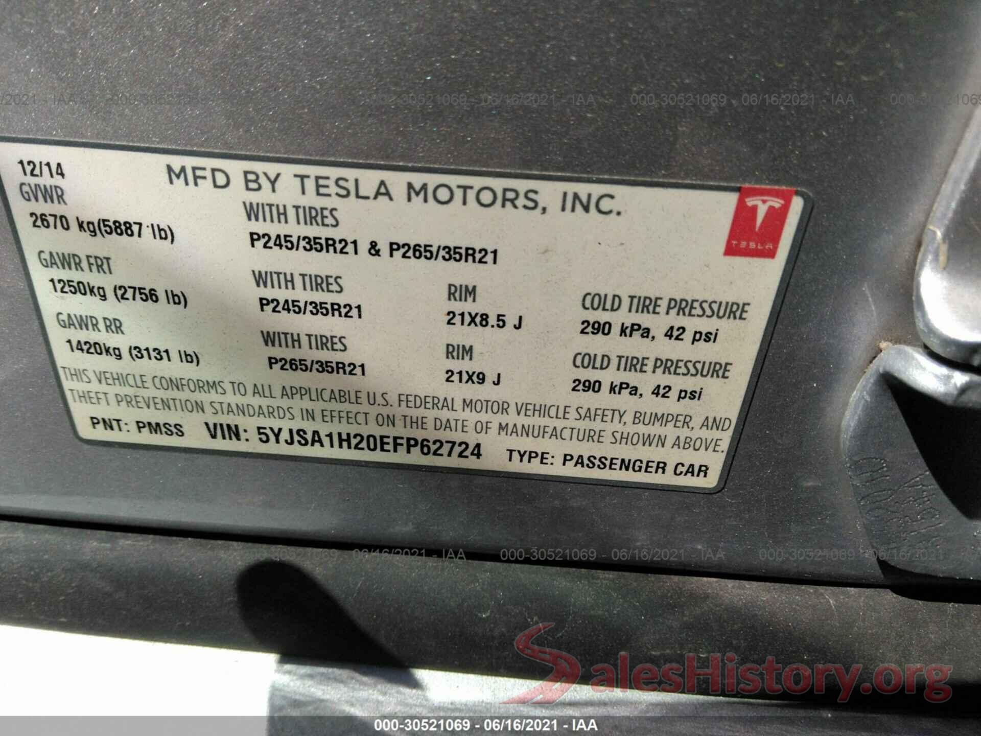 5YJSA1H20EFP62724 2014 TESLA MODEL S