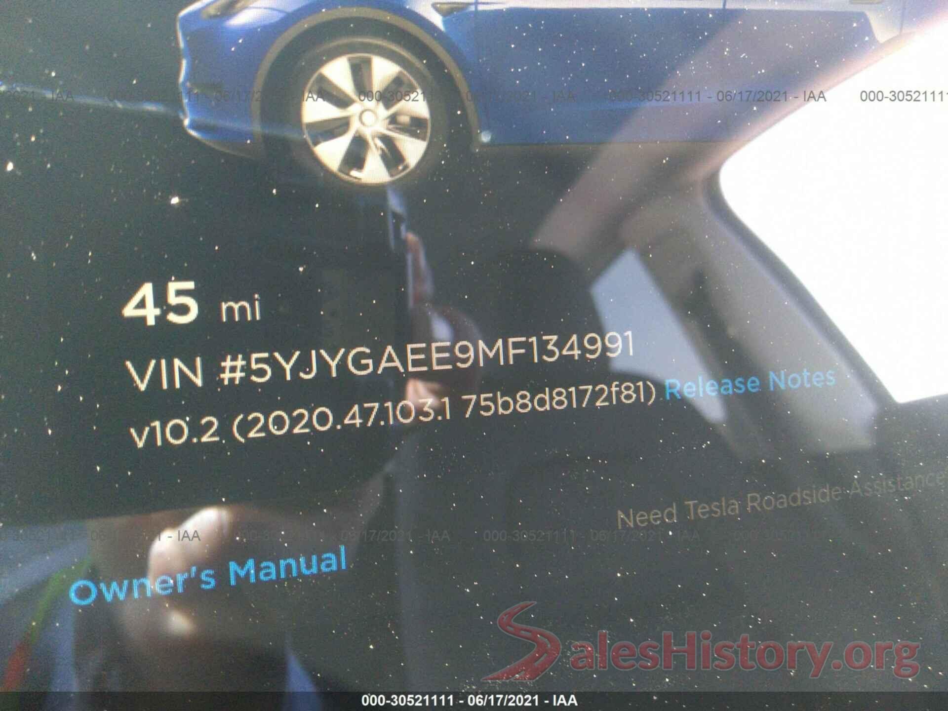 5YJYGAEE9MF134991 2021 TESLA MODEL Y