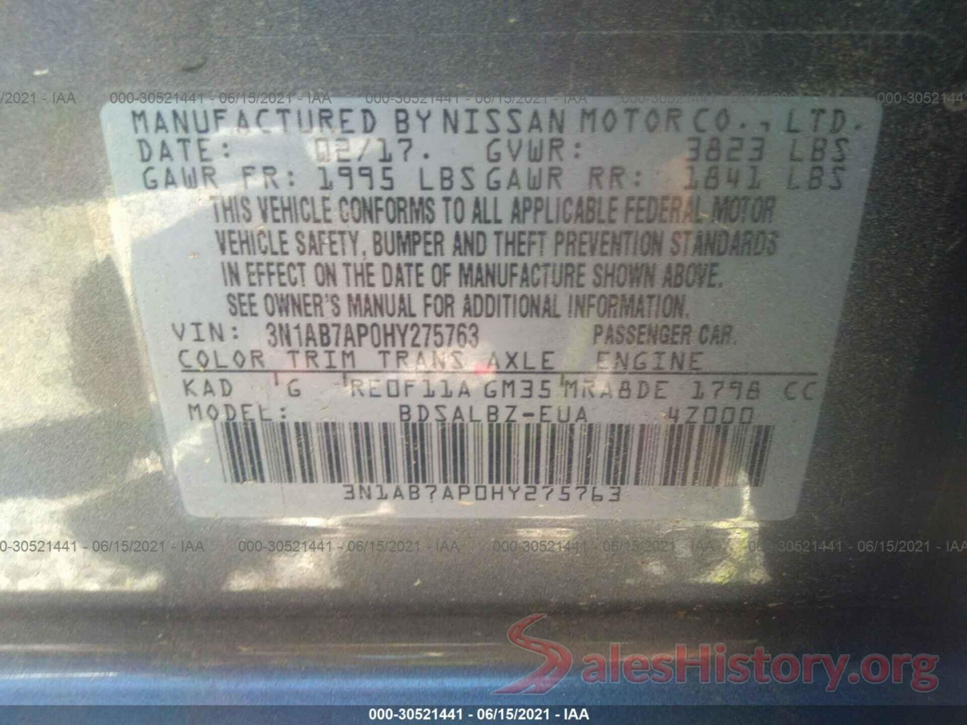 3N1AB7AP0HY275763 2017 NISSAN SENTRA