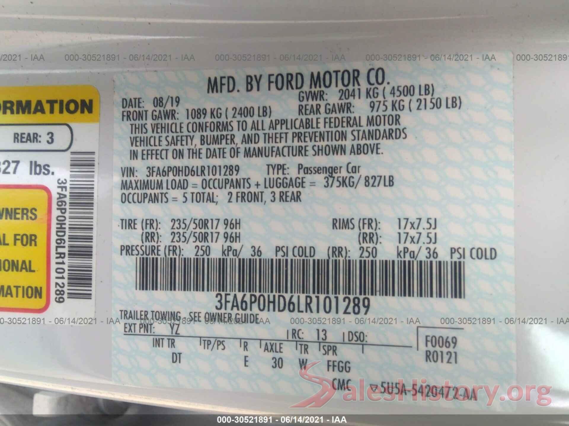 3FA6P0HD6LR101289 2020 FORD FUSION