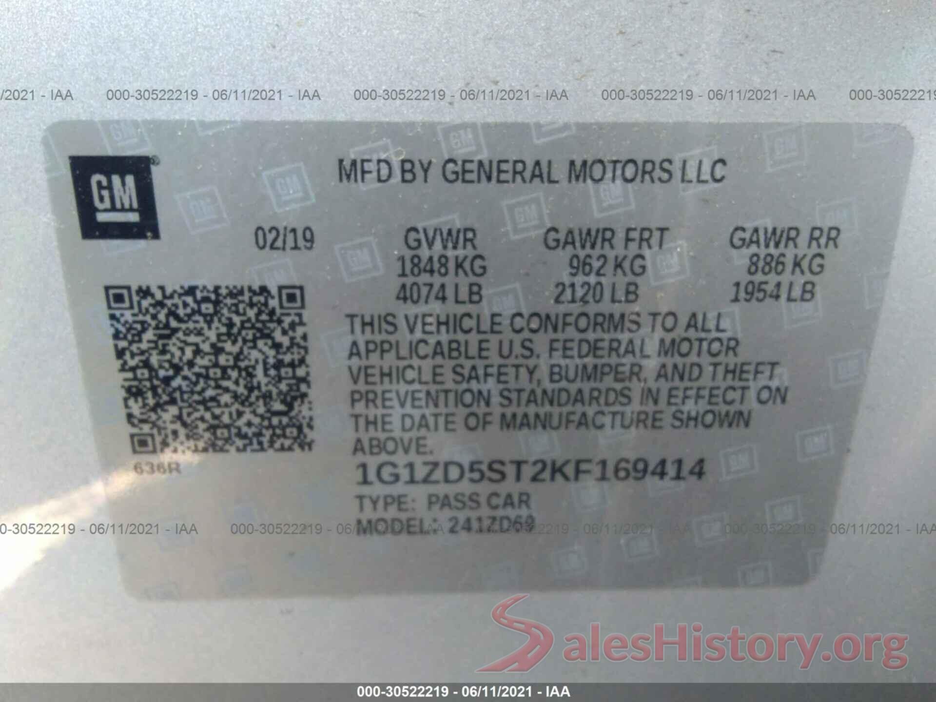 1G1ZD5ST2KF169414 2019 CHEVROLET MALIBU