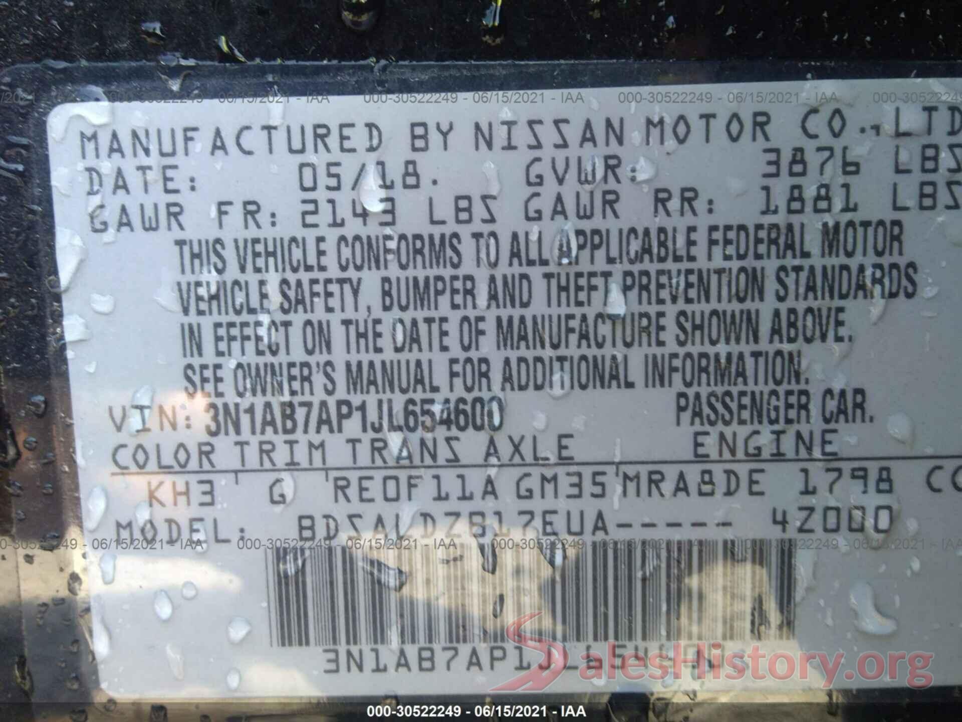 3N1AB7AP1JL654600 2018 NISSAN SENTRA