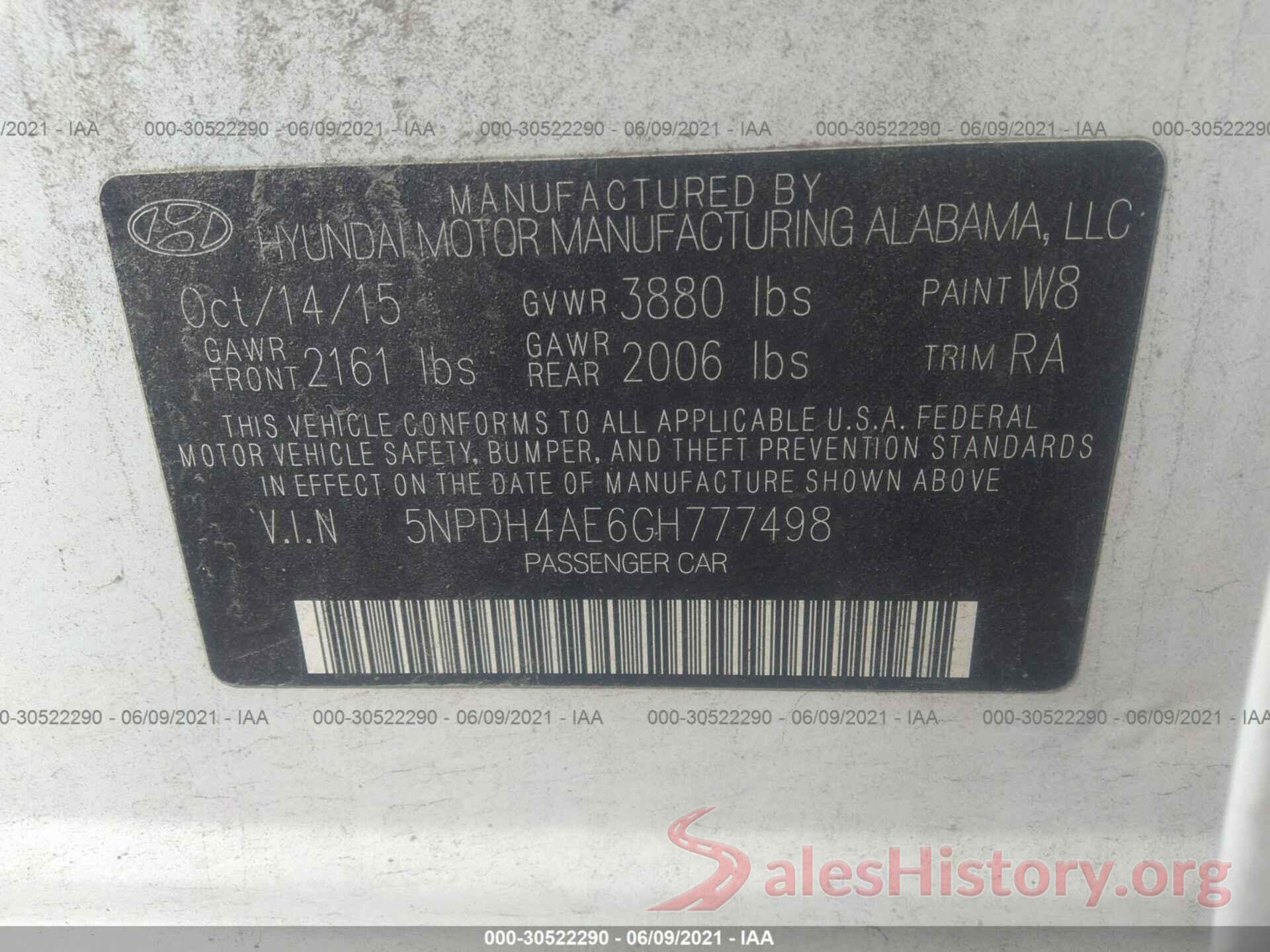 5NPDH4AE6GH777498 2016 HYUNDAI ELANTRA