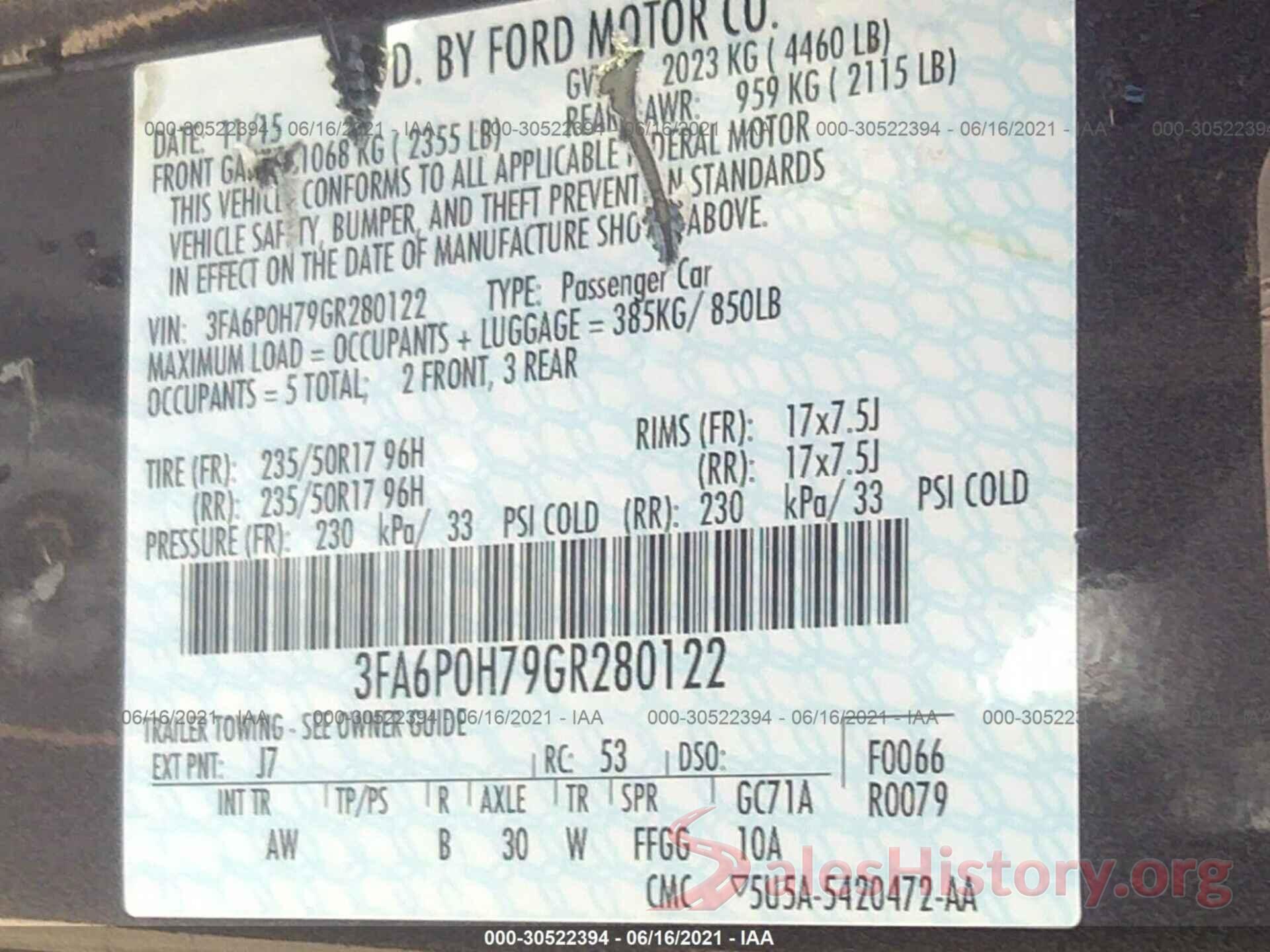 3FA6P0H79GR280122 2016 FORD FUSION