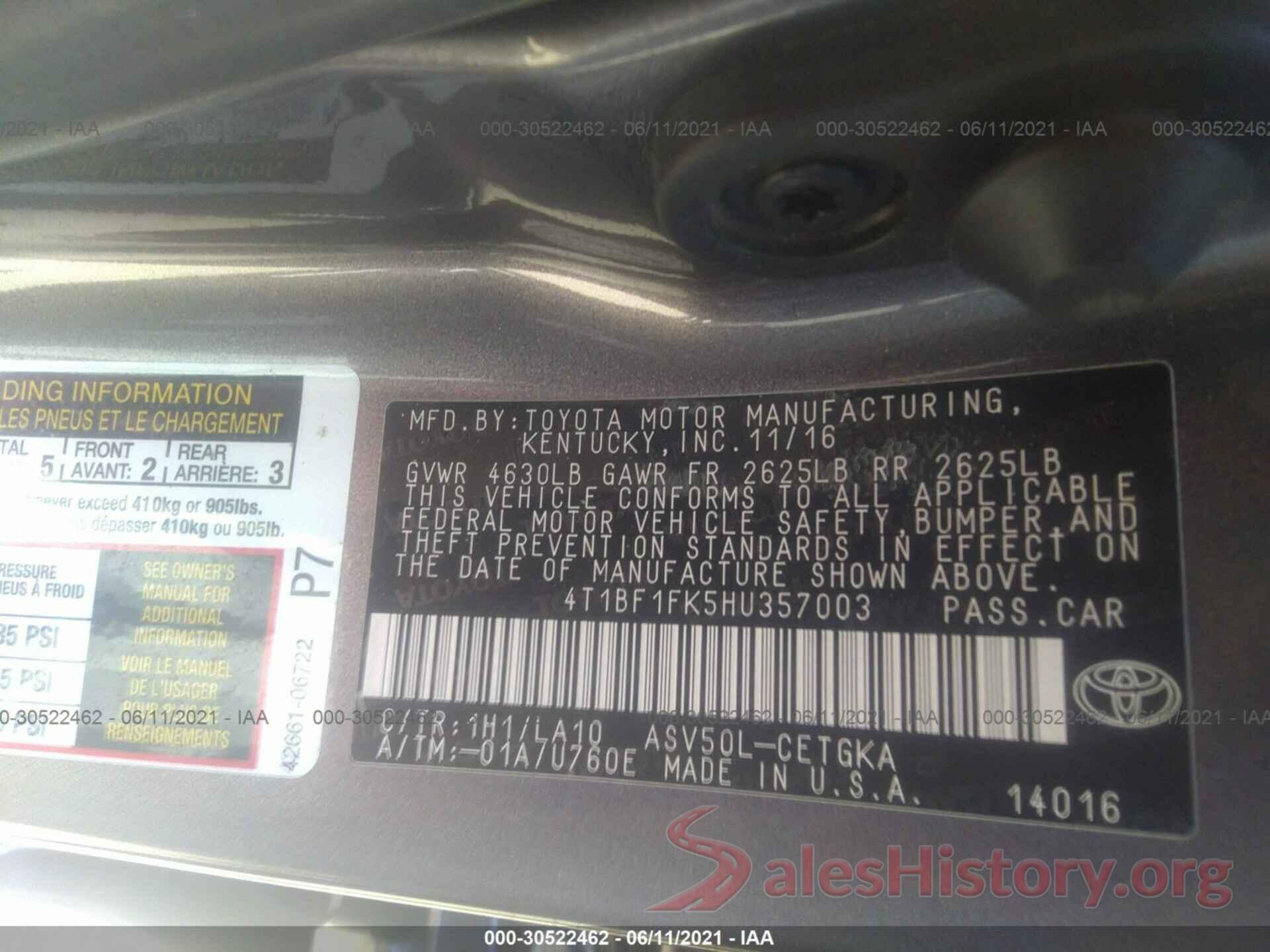 4T1BF1FK5HU357003 2017 TOYOTA CAMRY