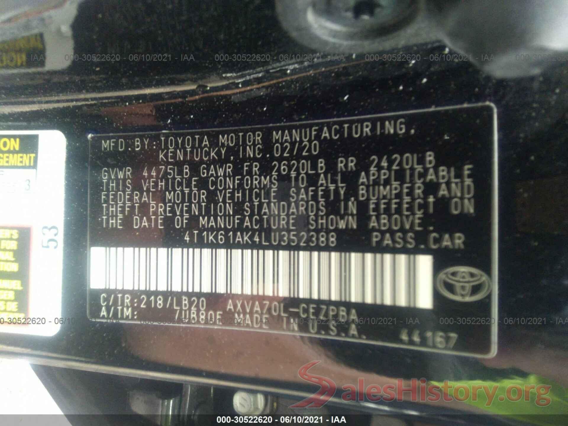 4T1K61AK4LU352388 2020 TOYOTA CAMRY