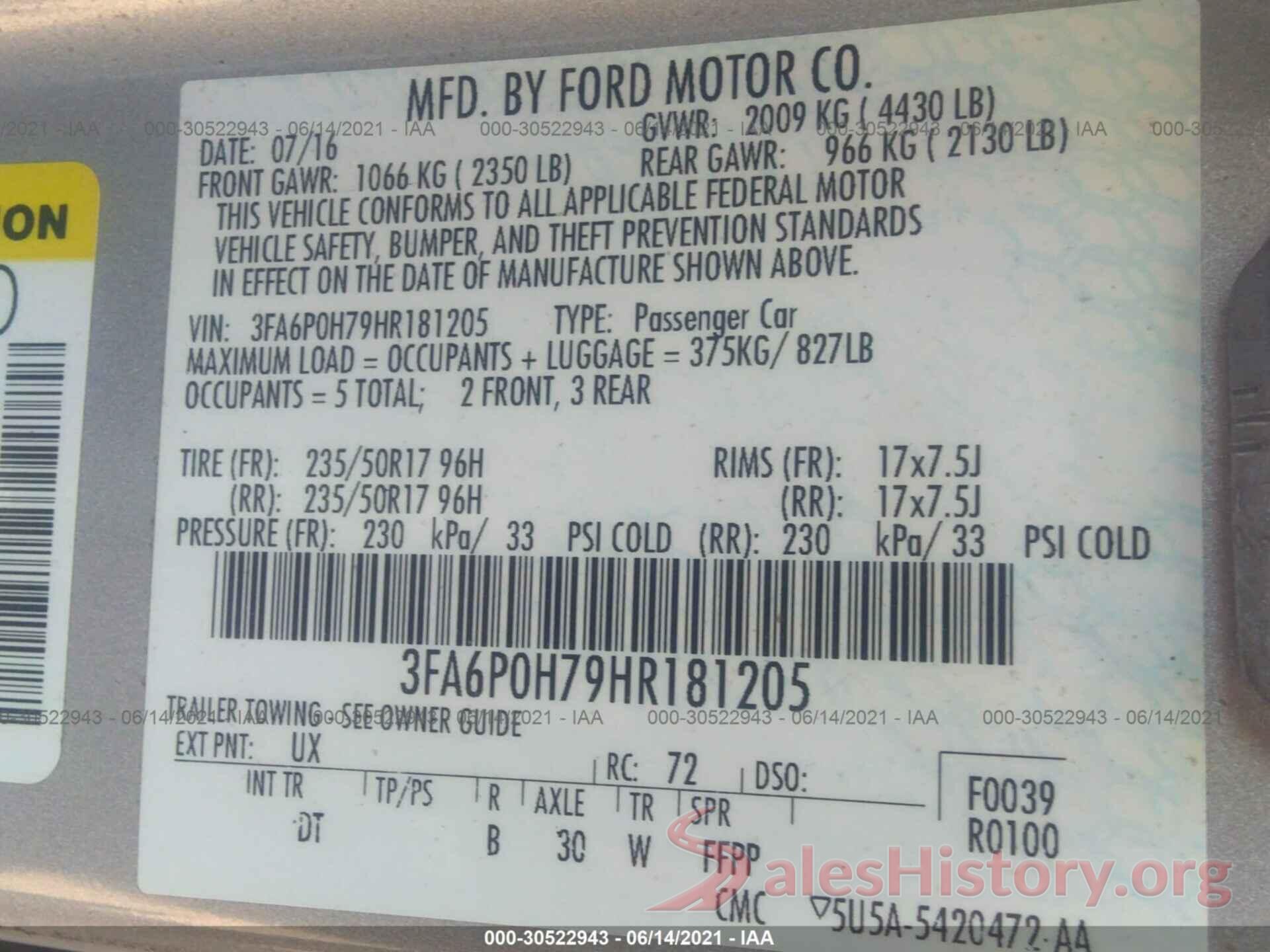 3FA6P0H79HR181205 2017 FORD FUSION