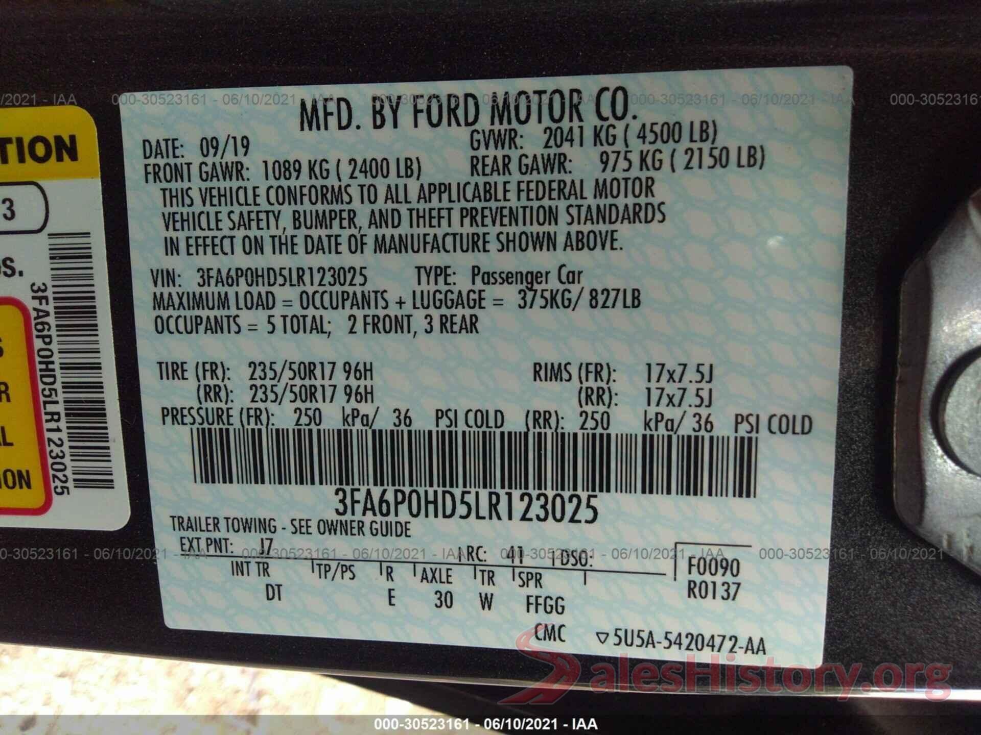 3FA6P0HD5LR123025 2020 FORD FUSION