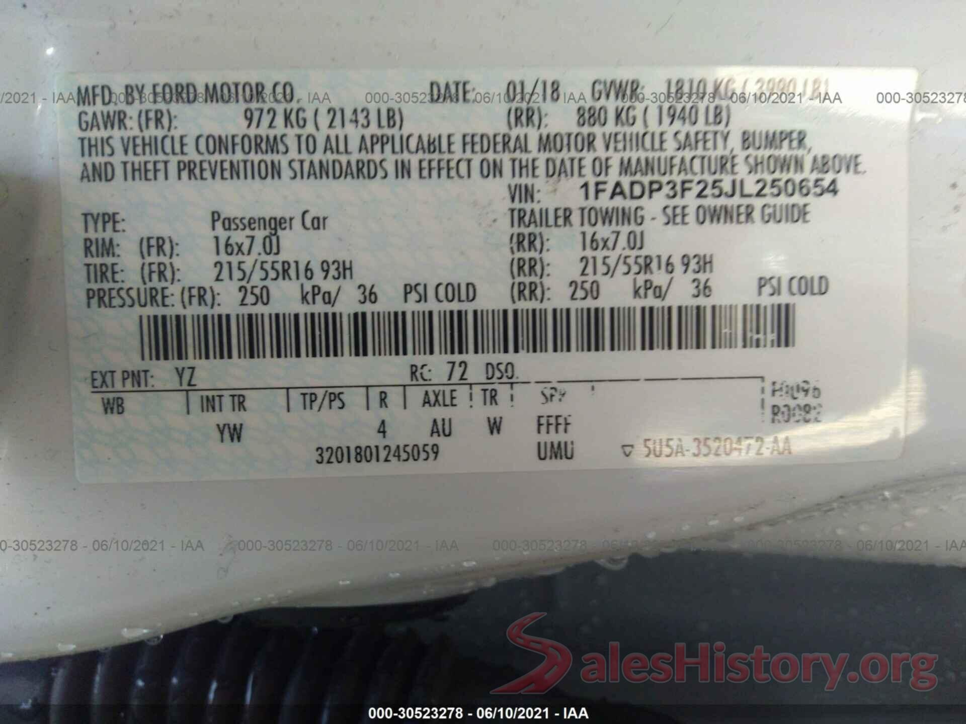 1FADP3F25JL250654 2018 FORD FOCUS