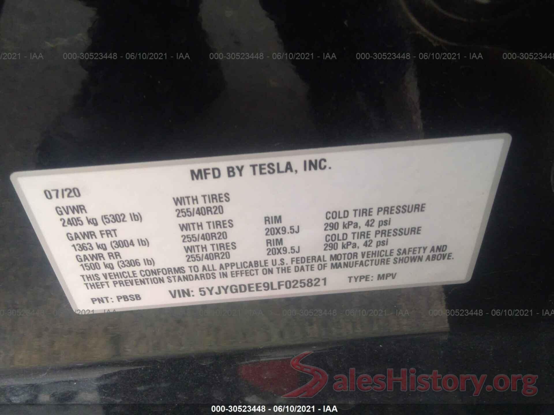 5YJYGDEE9LF025821 2020 TESLA MODEL Y