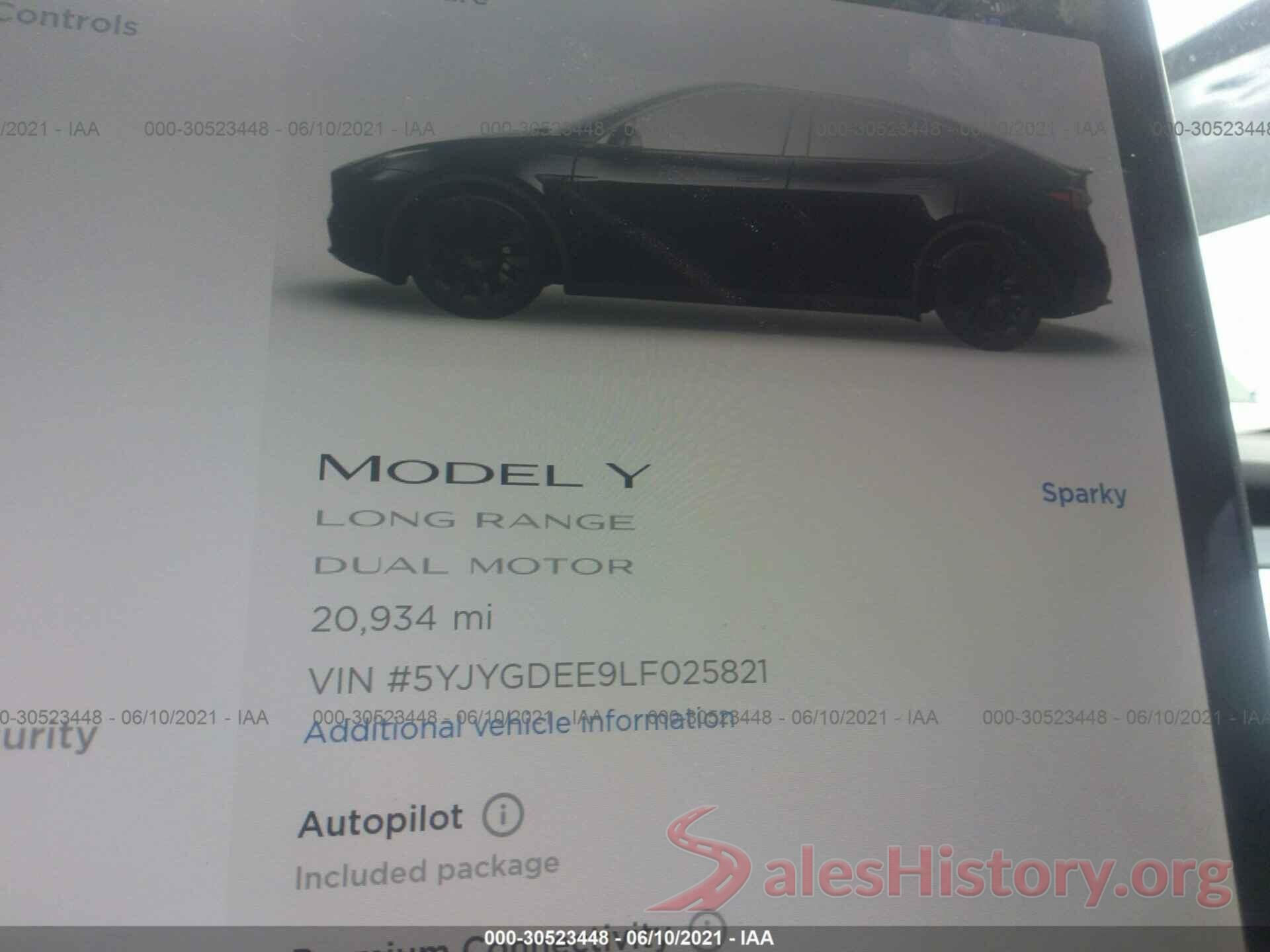 5YJYGDEE9LF025821 2020 TESLA MODEL Y