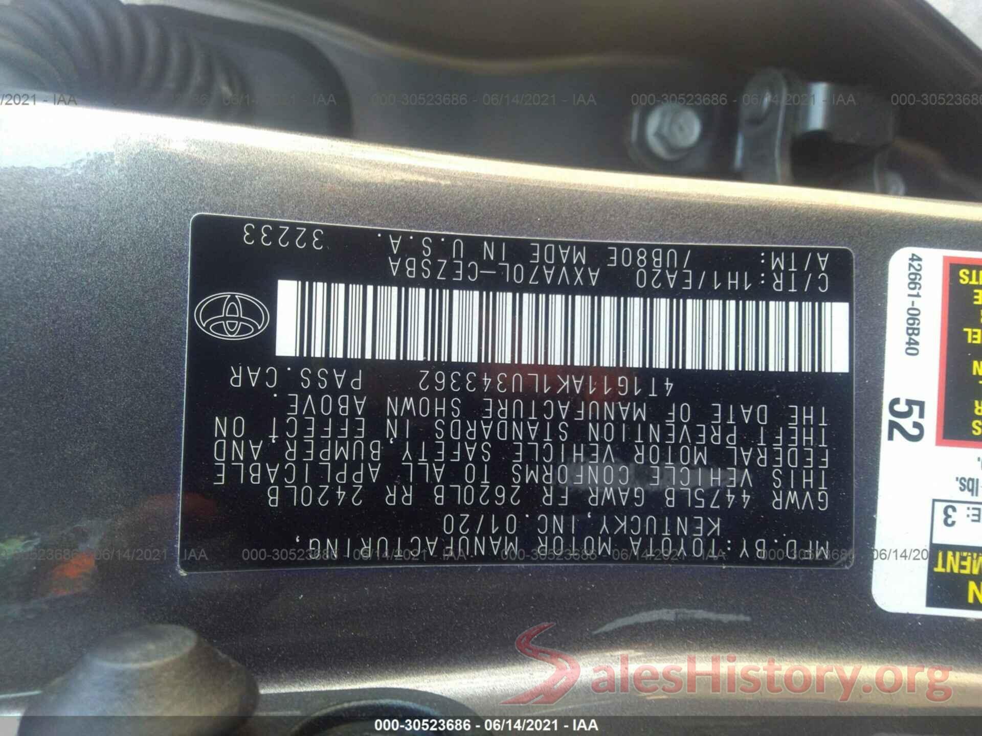 4T1G11AK1LU343362 2020 TOYOTA CAMRY