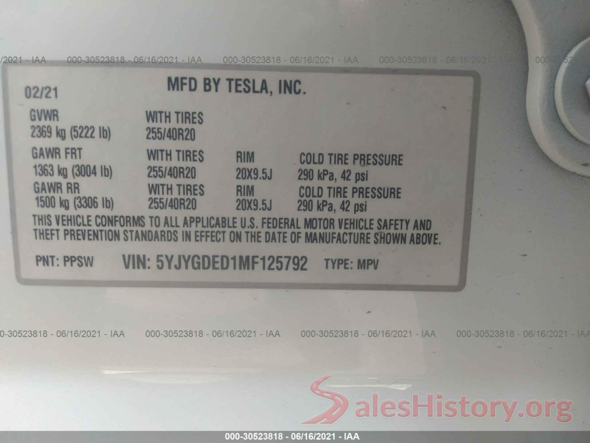 5YJYGDED1MF125792 2021 TESLA MODEL Y