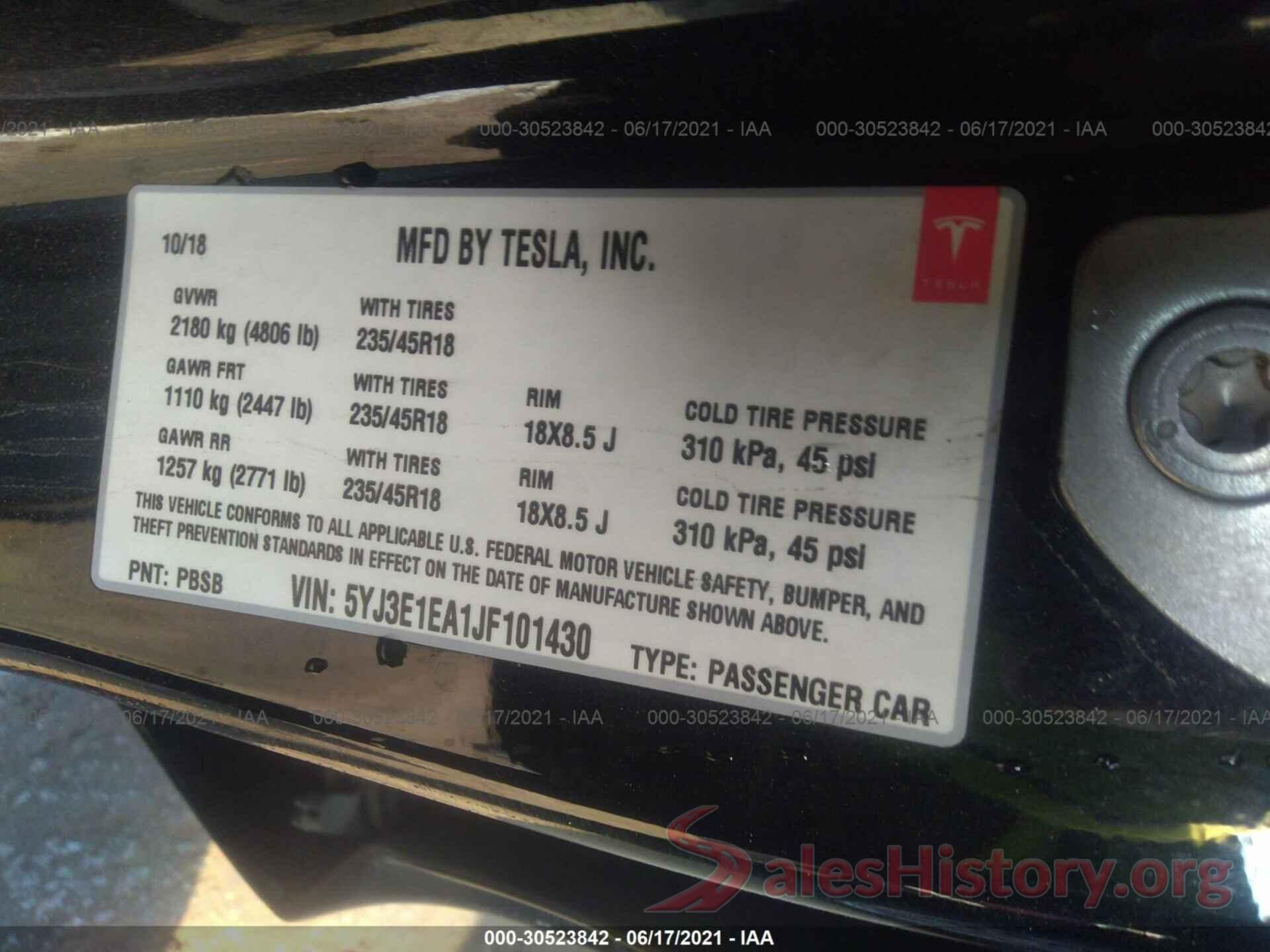 5YJ3E1EA1JF101430 2018 TESLA MODEL 3