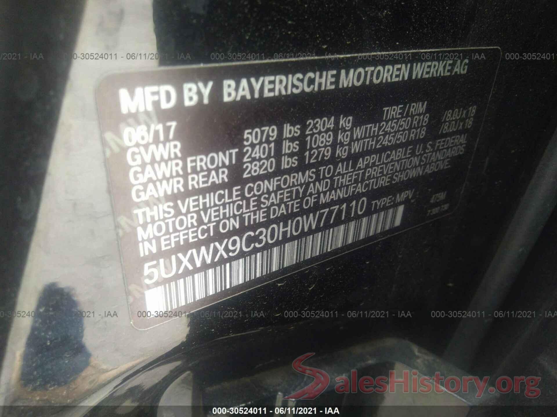 5UXWX9C30H0W77110 2017 BMW X3