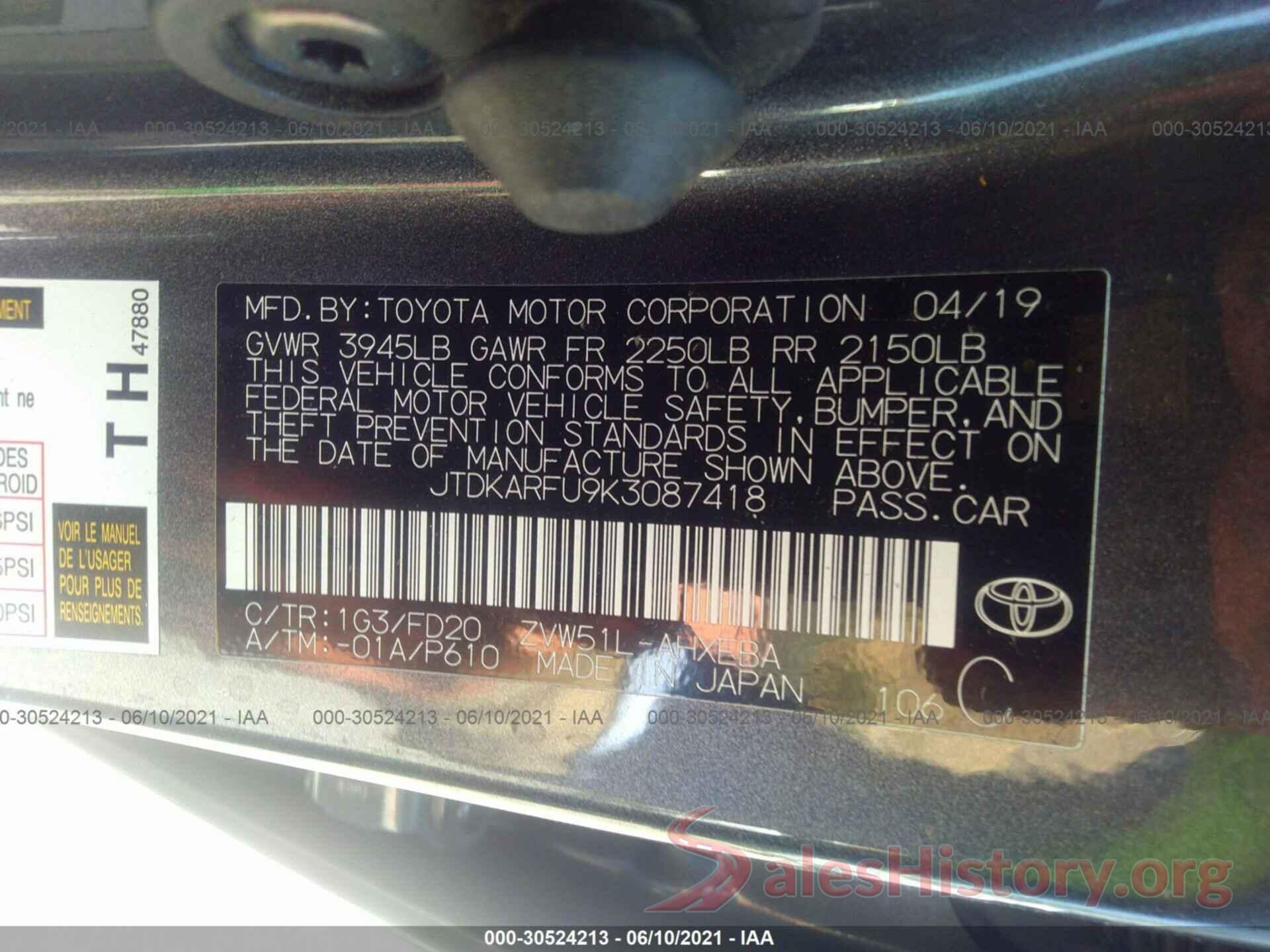 JTDKARFU9K3087418 2019 TOYOTA PRIUS