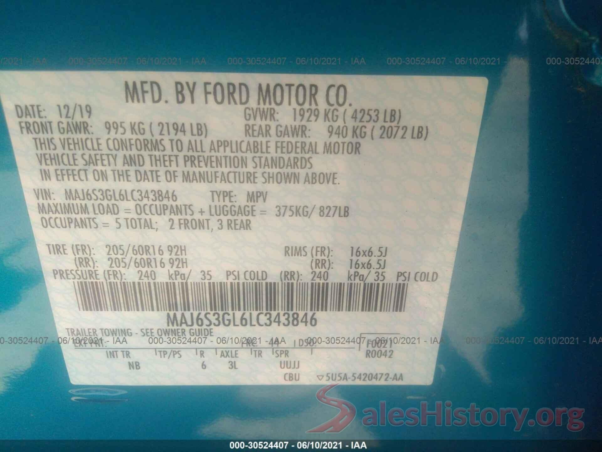 MAJ6S3GL6LC343846 2020 FORD ECOSPORT