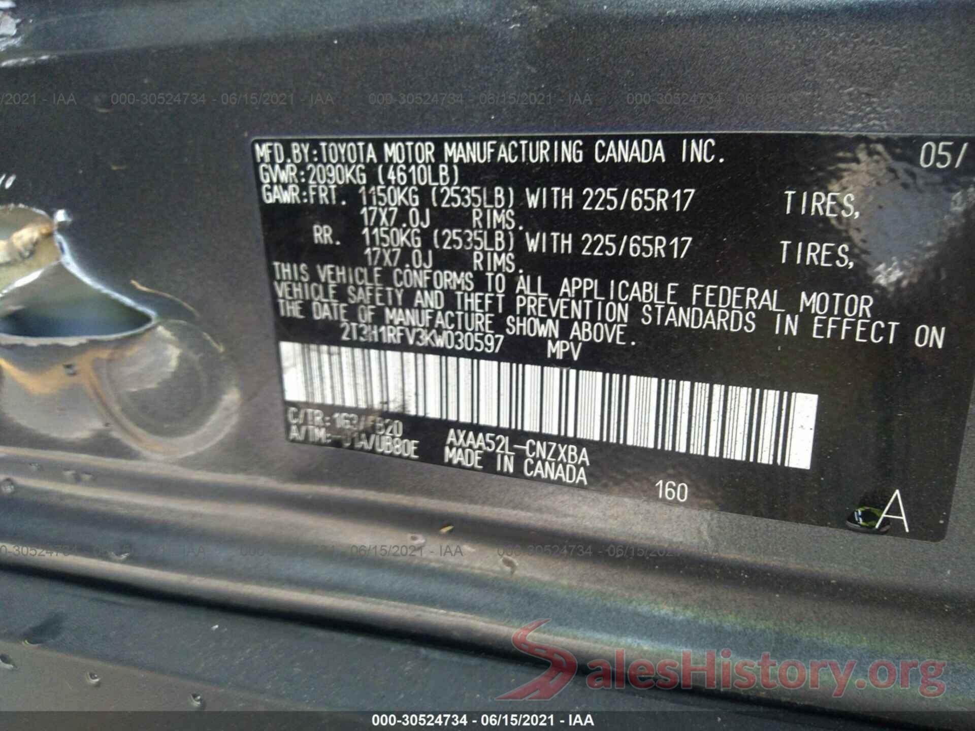 2T3H1RFV3KW030597 2019 TOYOTA RAV4