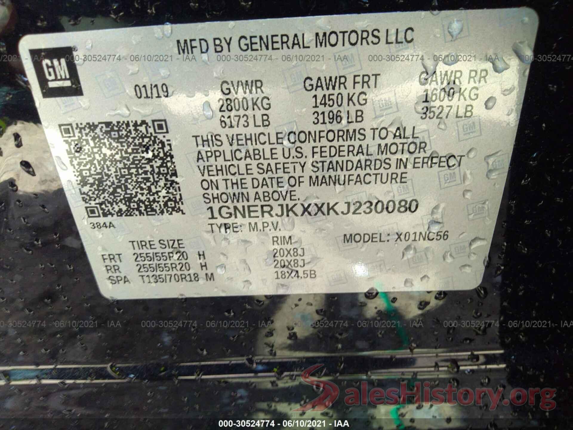 1GNERJKXXKJ230080 2019 CHEVROLET TRAVERSE