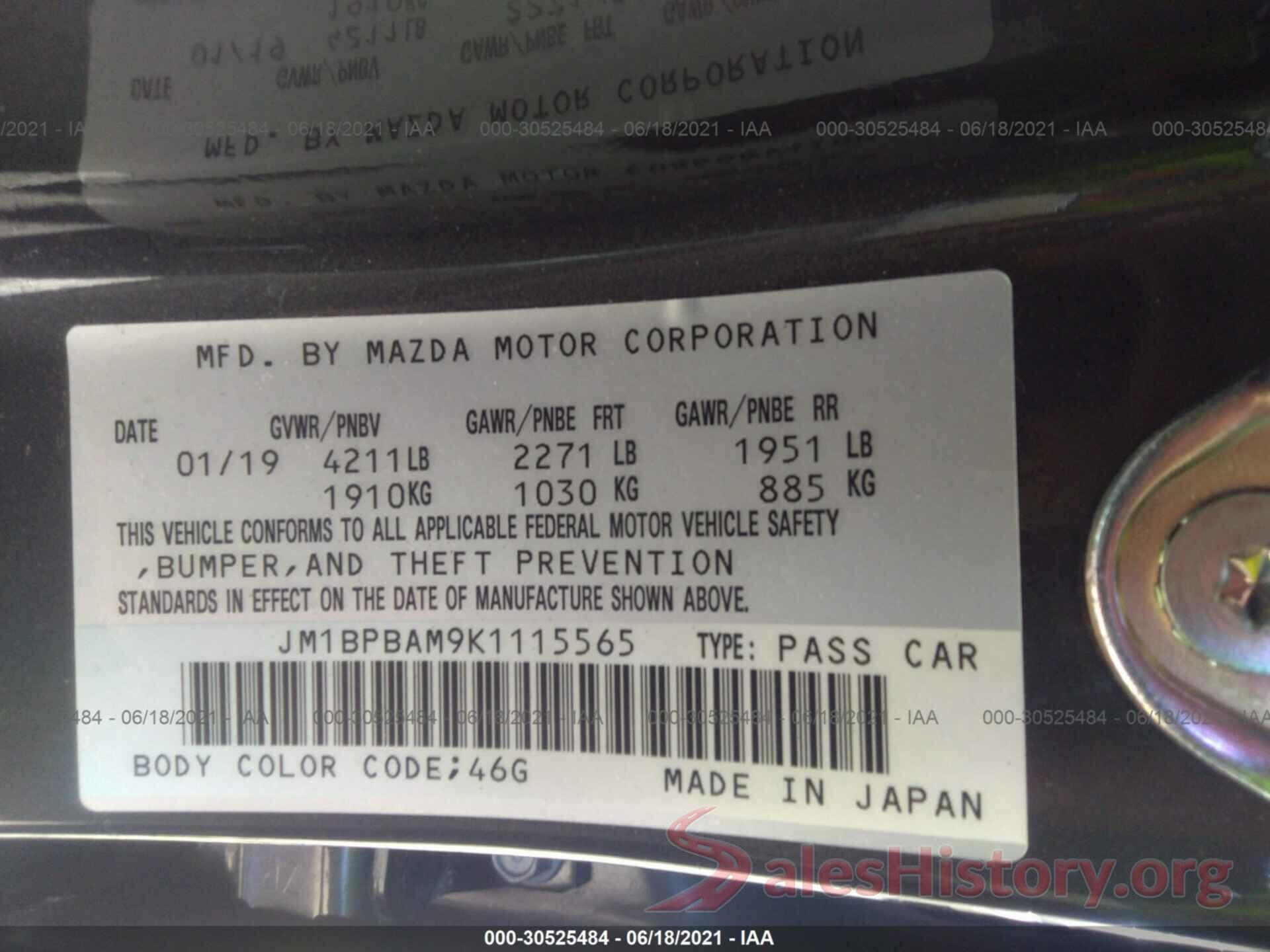 JM1BPBAM9K1115565 2019 MAZDA MAZDA3 SEDAN