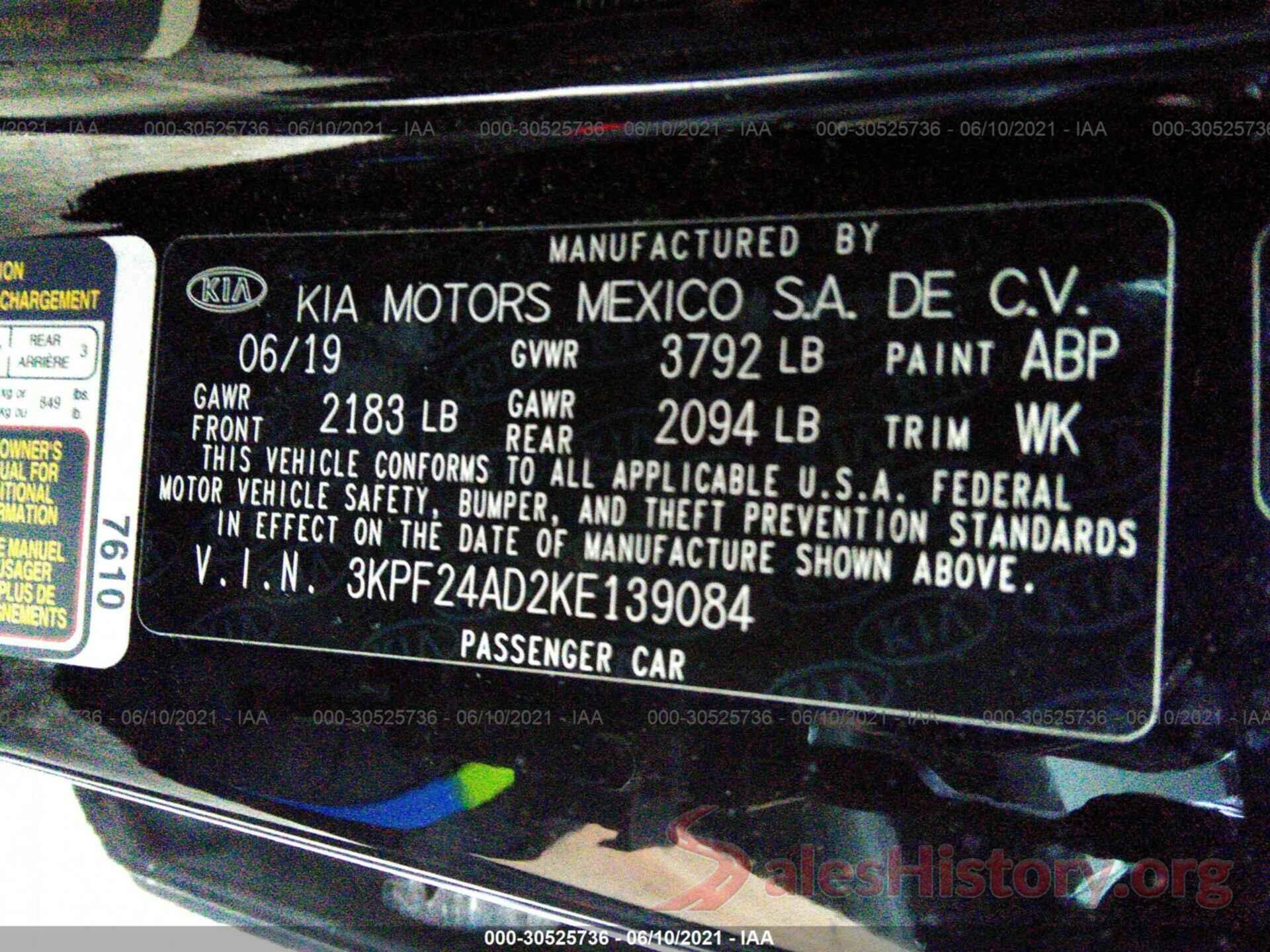 3KPF24AD2KE139084 2019 KIA FORTE