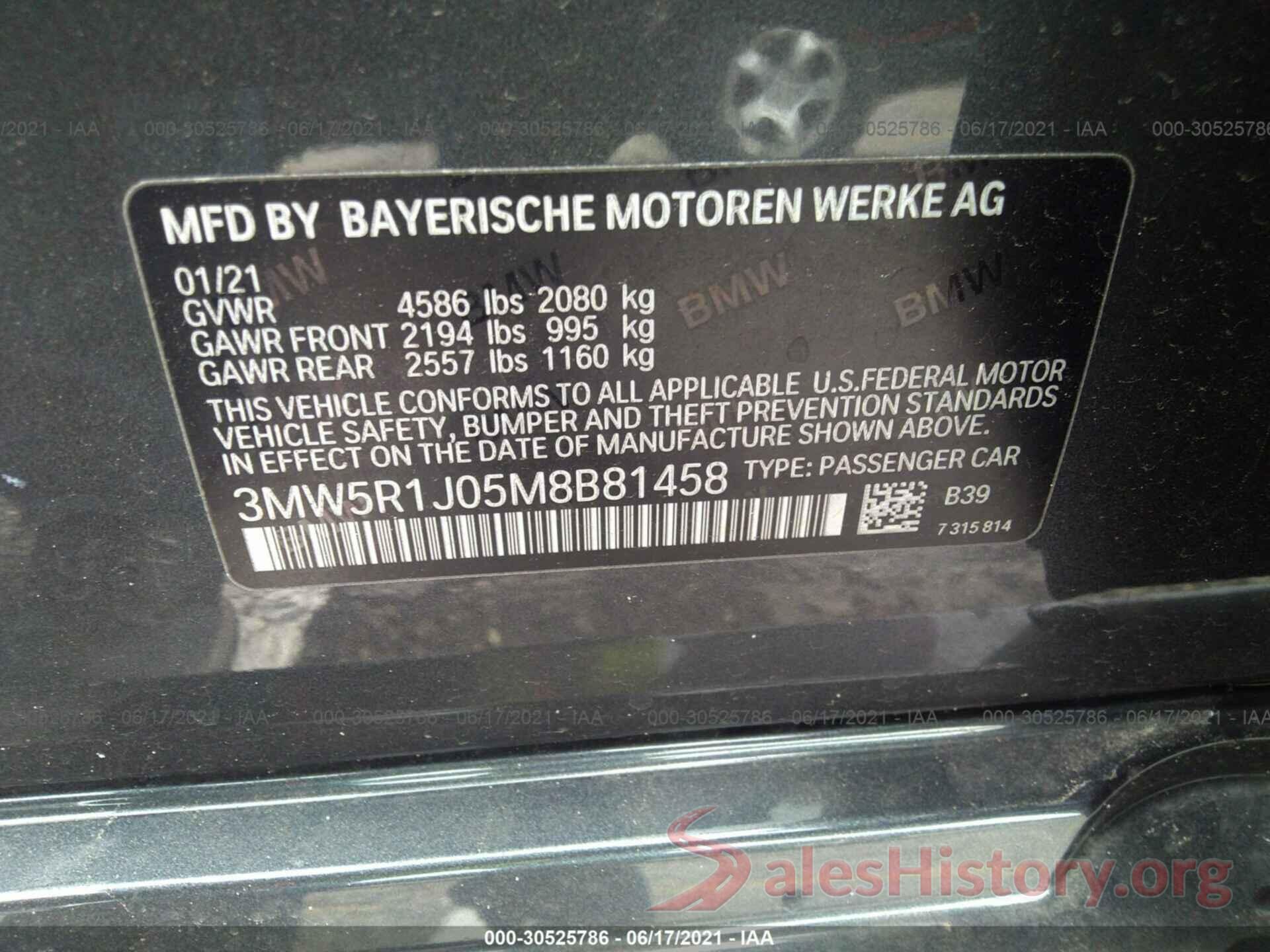 3MW5R1J05M8B81458 2021 BMW 3 SERIES