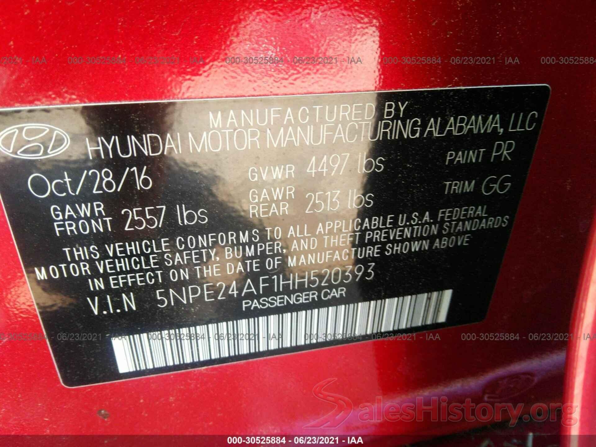 5NPE24AF1HH520393 2017 HYUNDAI SONATA