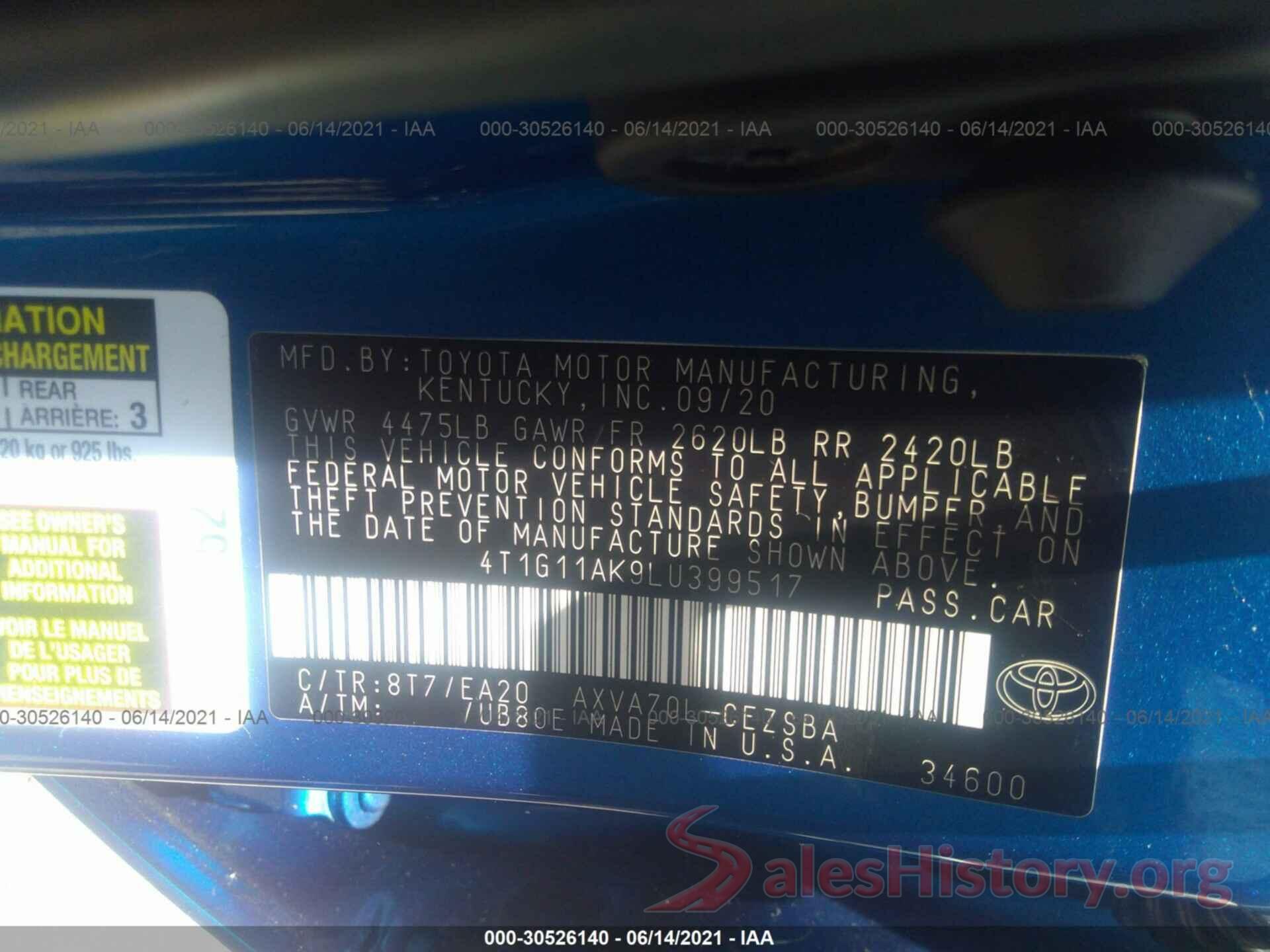 4T1G11AK9LU399517 2020 TOYOTA CAMRY