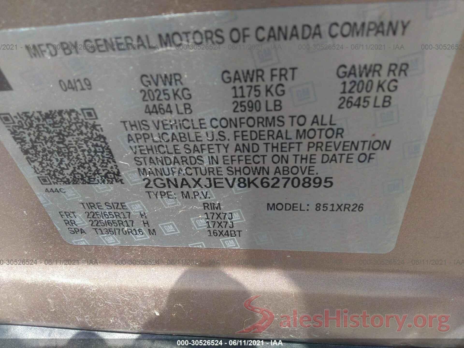 2GNAXJEV8K6270895 2019 CHEVROLET EQUINOX