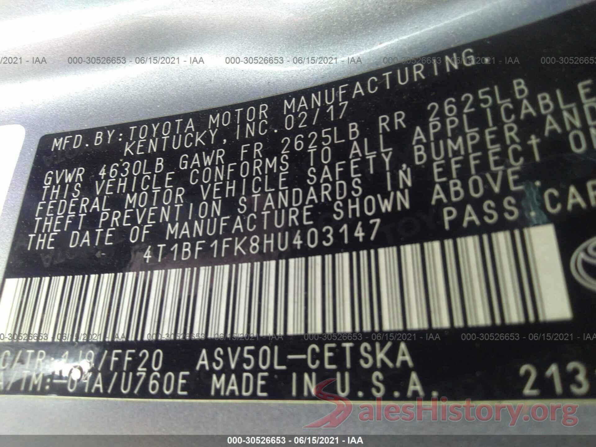 4T1BF1FK8HU403147 2017 TOYOTA CAMRY