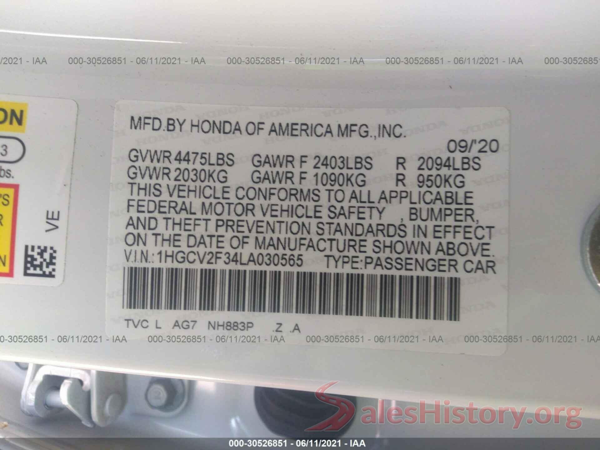 1HGCV2F34LA030565 2020 HONDA ACCORD SEDAN