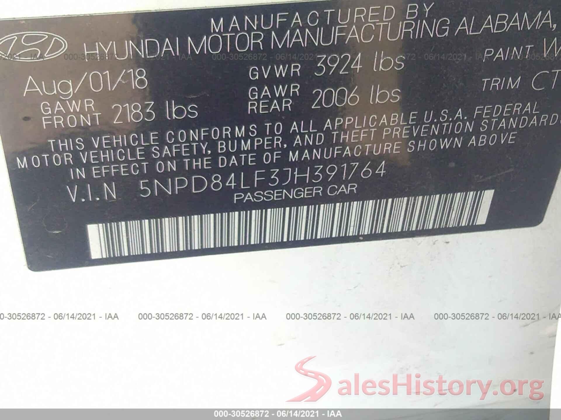 5NPD84LF3JH391764 2018 HYUNDAI ELANTRA