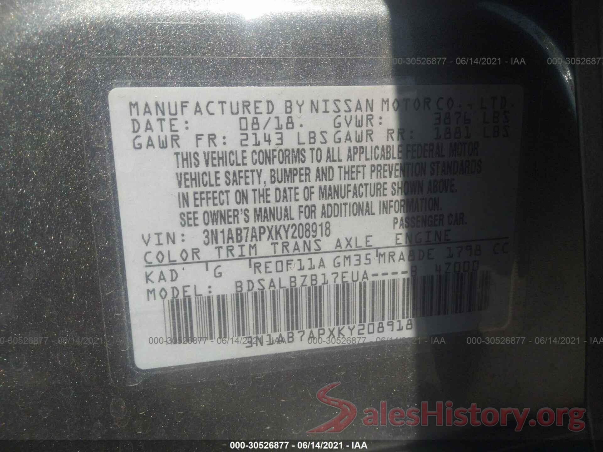 3N1AB7APXKY208918 2019 NISSAN SENTRA