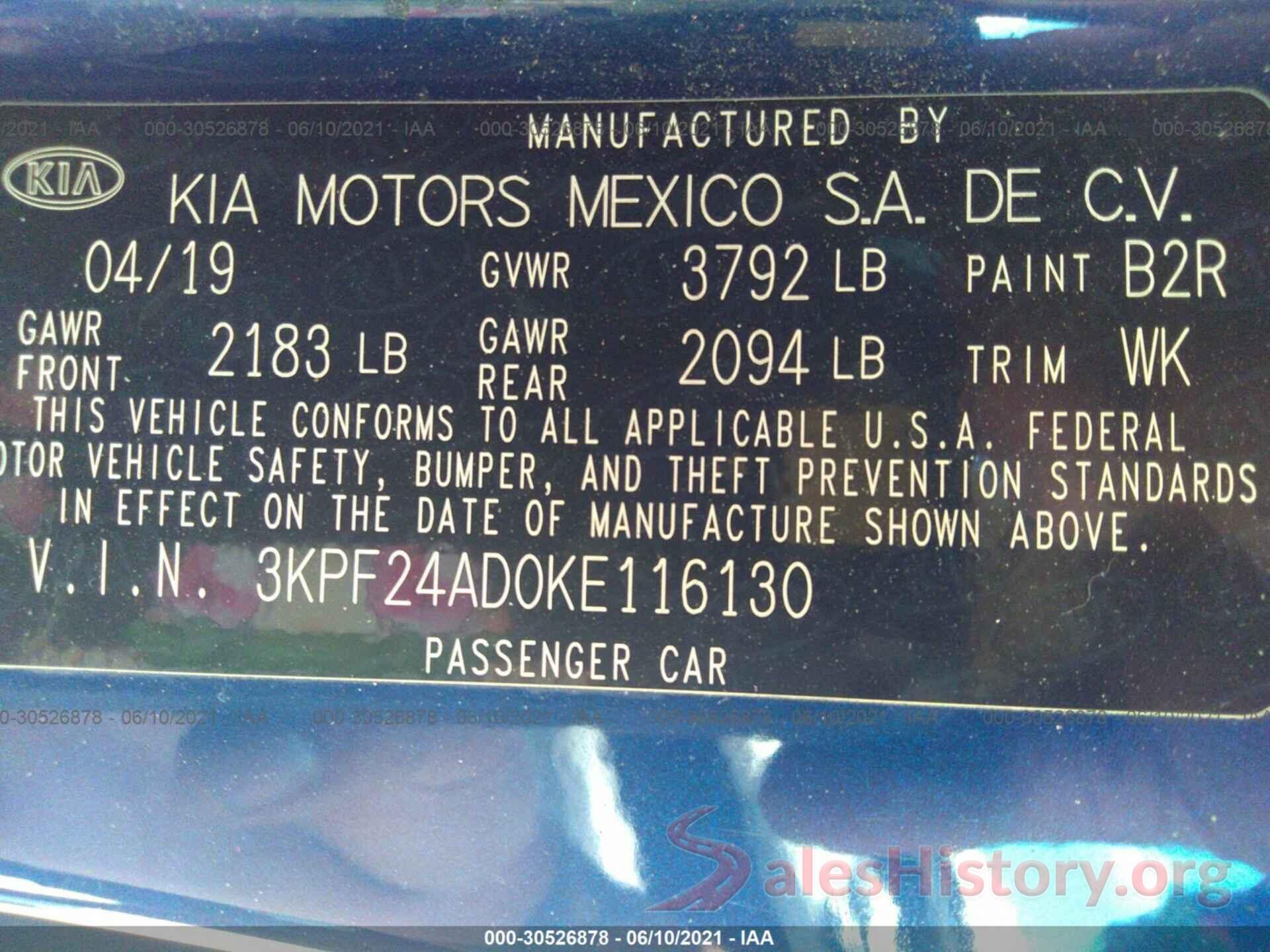 3KPF24AD0KE116130 2019 KIA FORTE