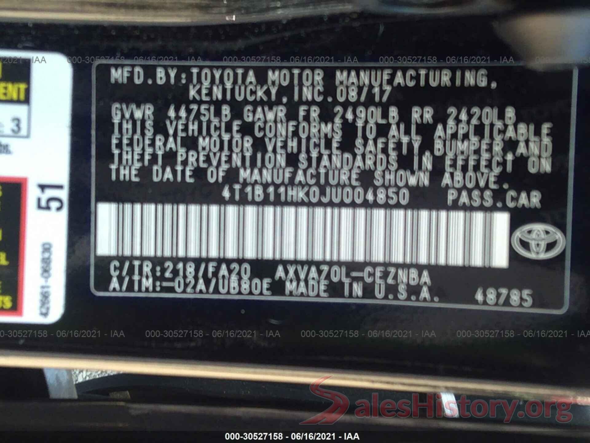 4T1B11HK0JU004850 2018 TOYOTA CAMRY