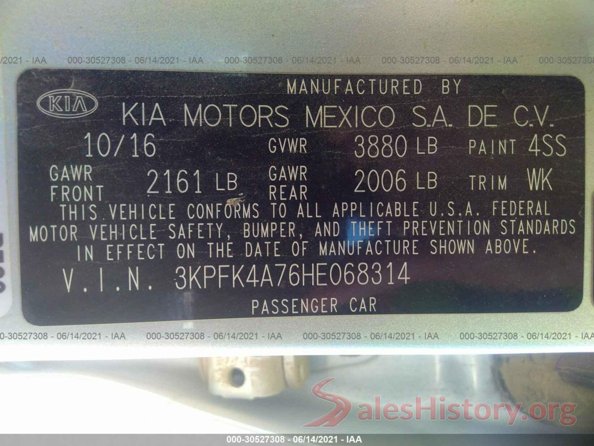 3KPFK4A76HE068314 2017 KIA FORTE