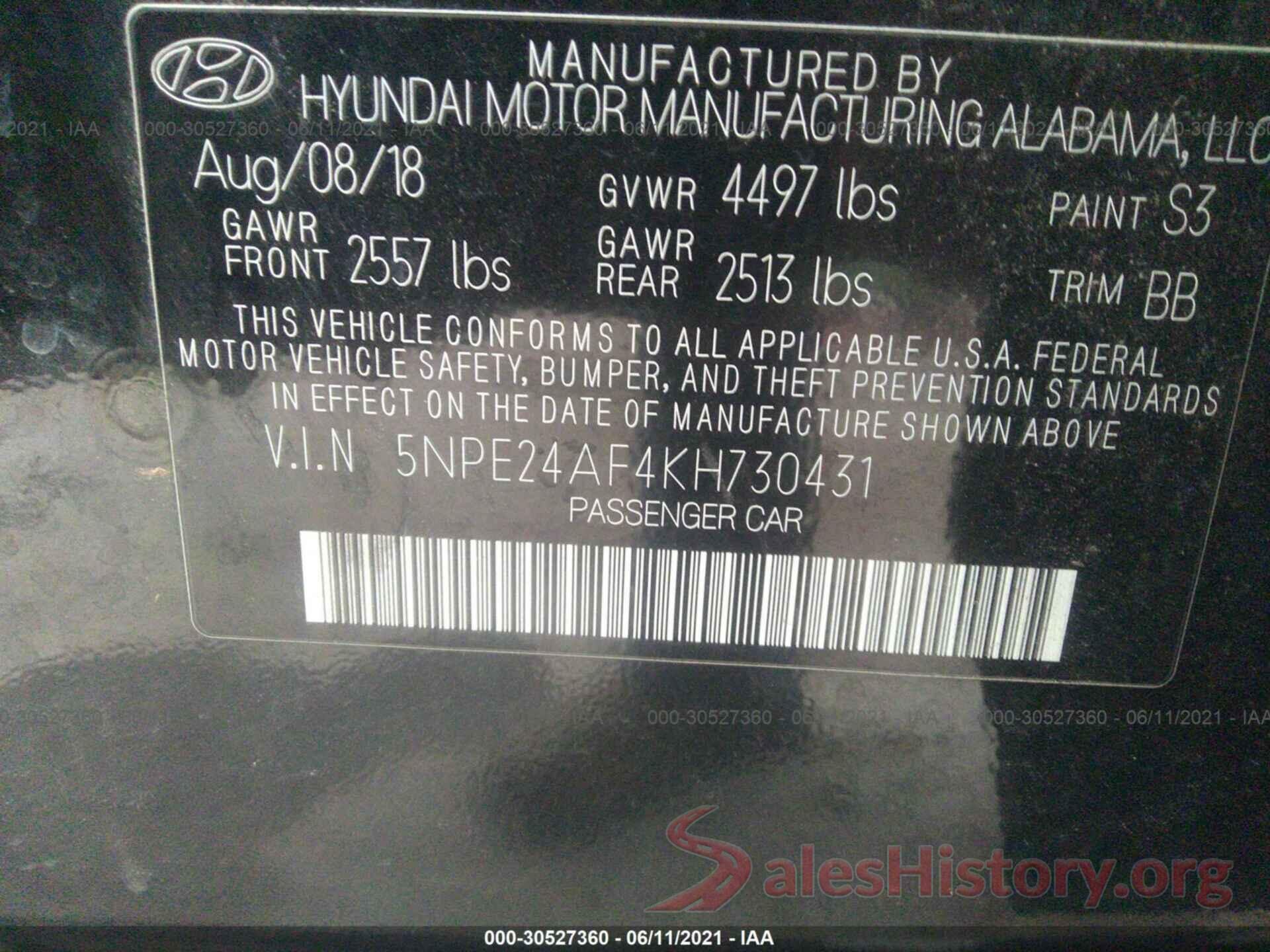 5NPE24AF4KH730431 2019 HYUNDAI SONATA