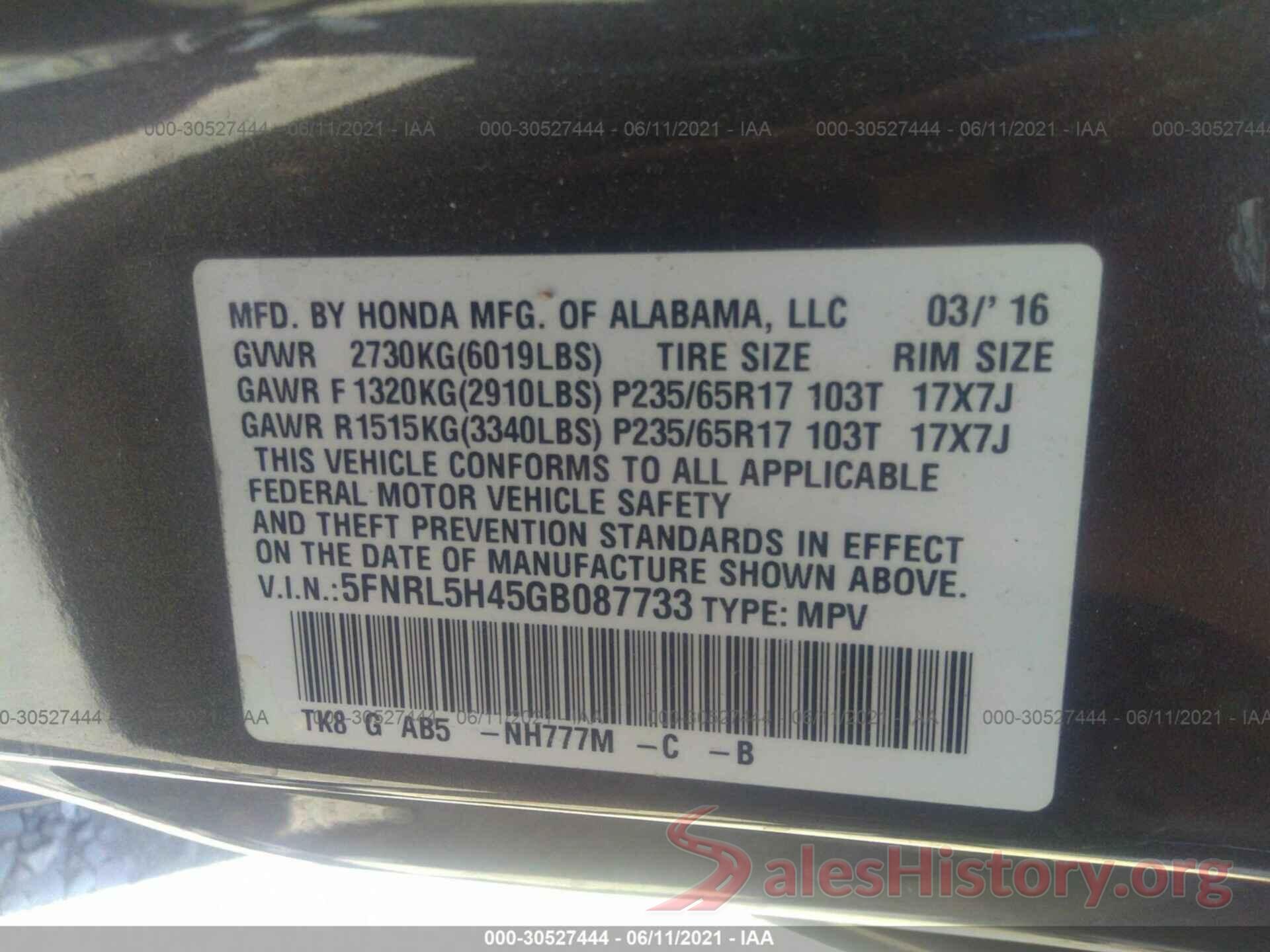 5FNRL5H45GB087733 2016 HONDA ODYSSEY