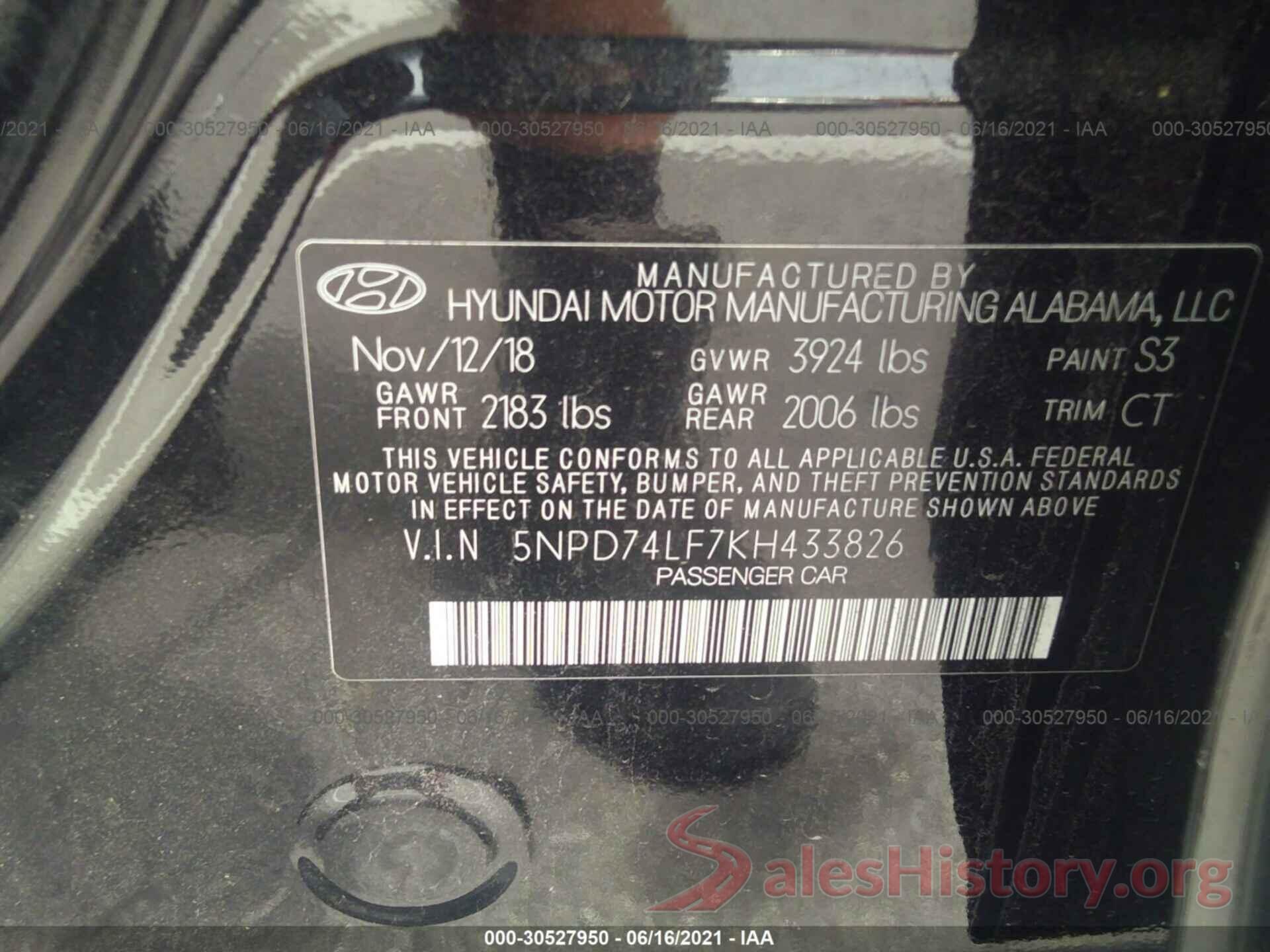 5NPD74LF7KH433826 2019 HYUNDAI ELANTRA