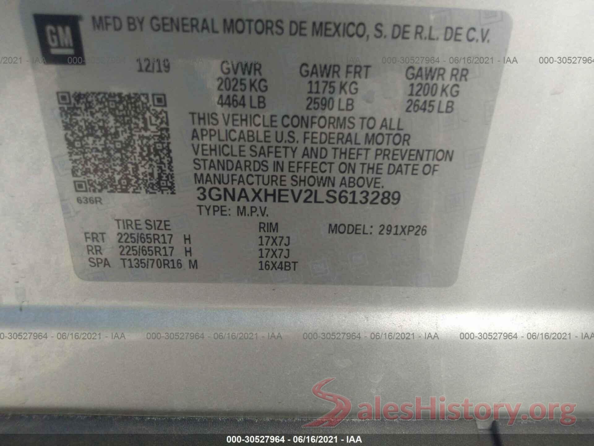 3GNAXHEV2LS613289 2020 CHEVROLET EQUINOX