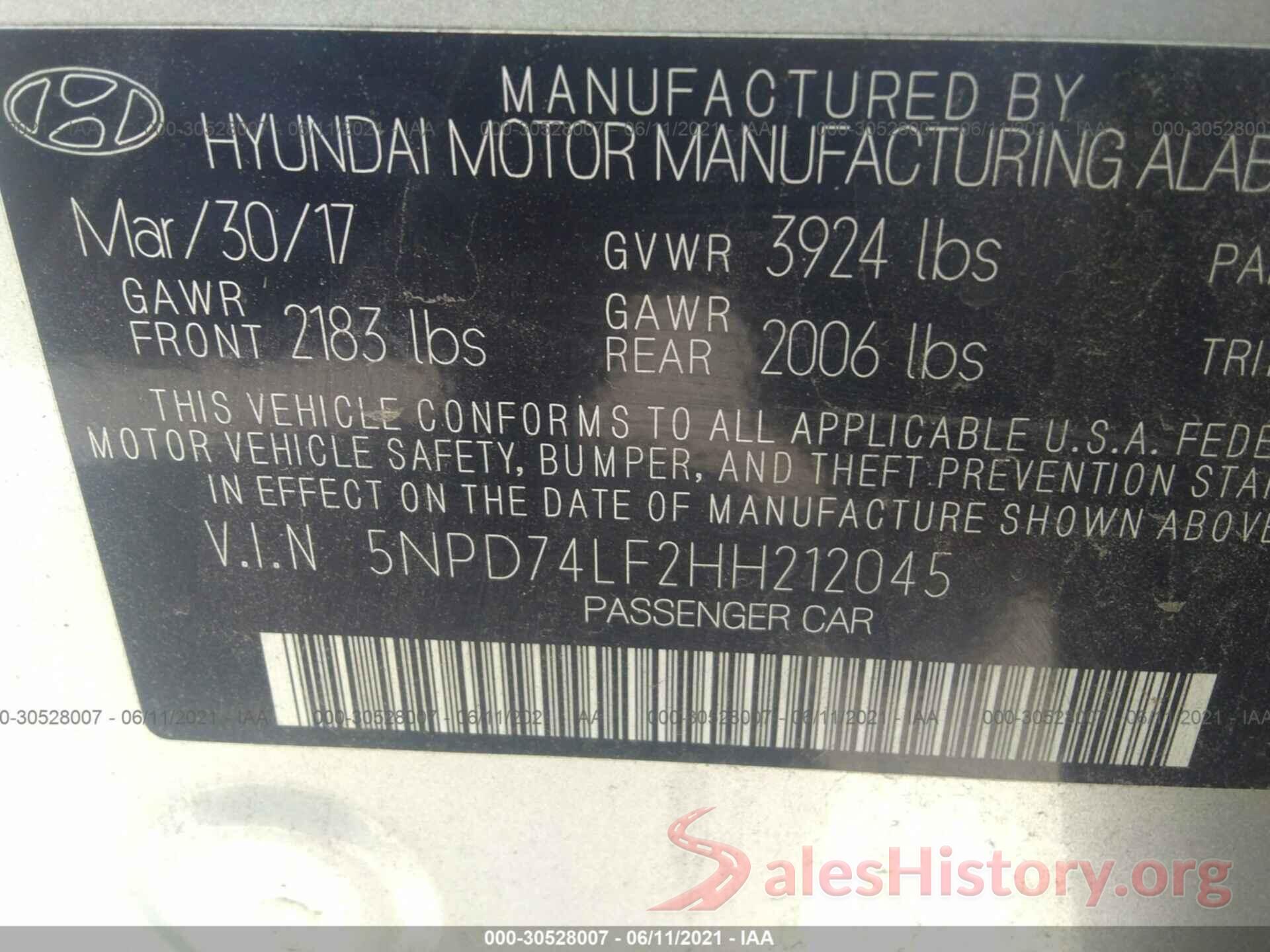 5NPD74LF2HH212045 2017 HYUNDAI ELANTRA