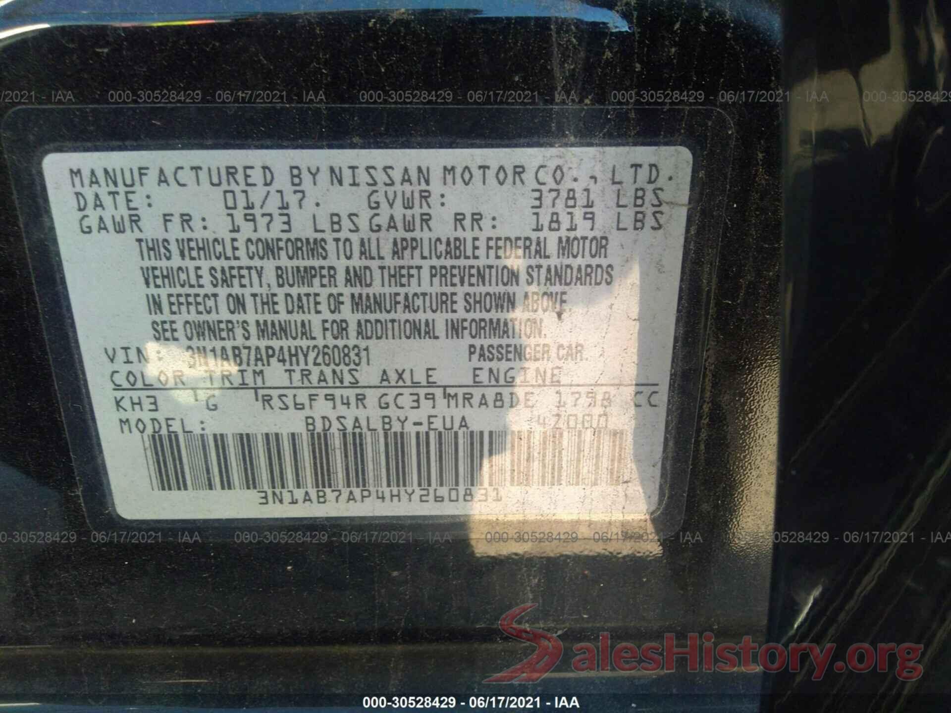 3N1AB7AP4HY260831 2017 NISSAN SENTRA