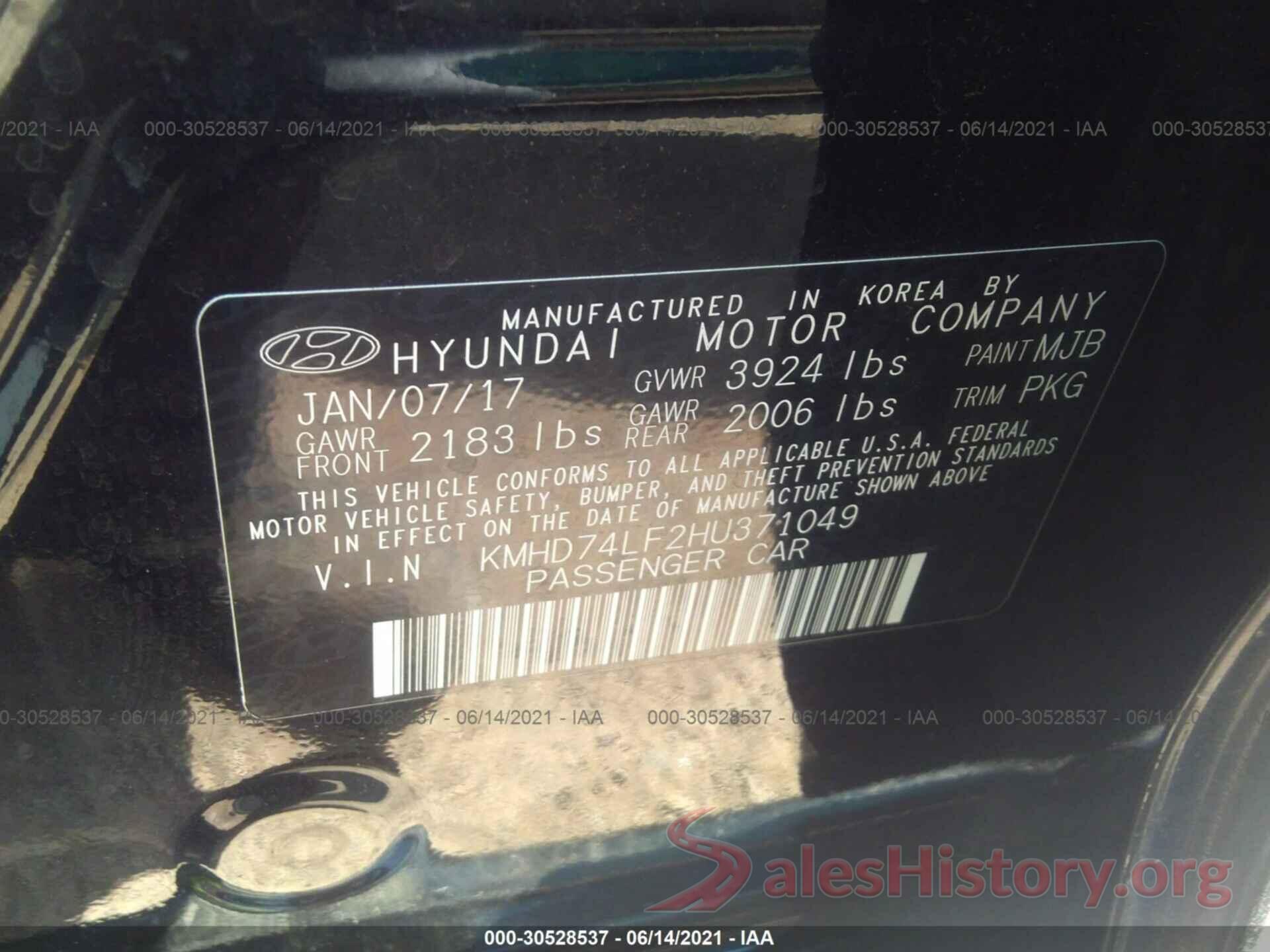 KMHD74LF2HU371049 2017 HYUNDAI ELANTRA