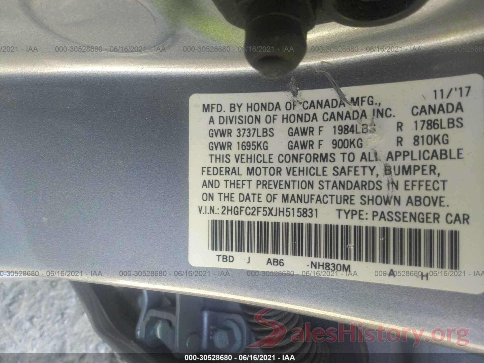 2HGFC2F5XJH515831 2018 HONDA CIVIC SEDAN