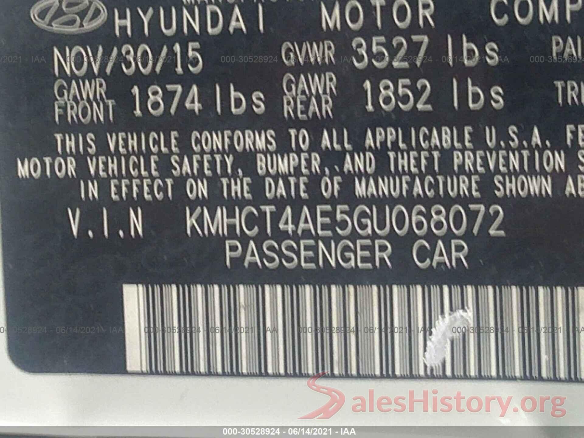 KMHCT4AE5GU068072 2016 HYUNDAI ACCENT